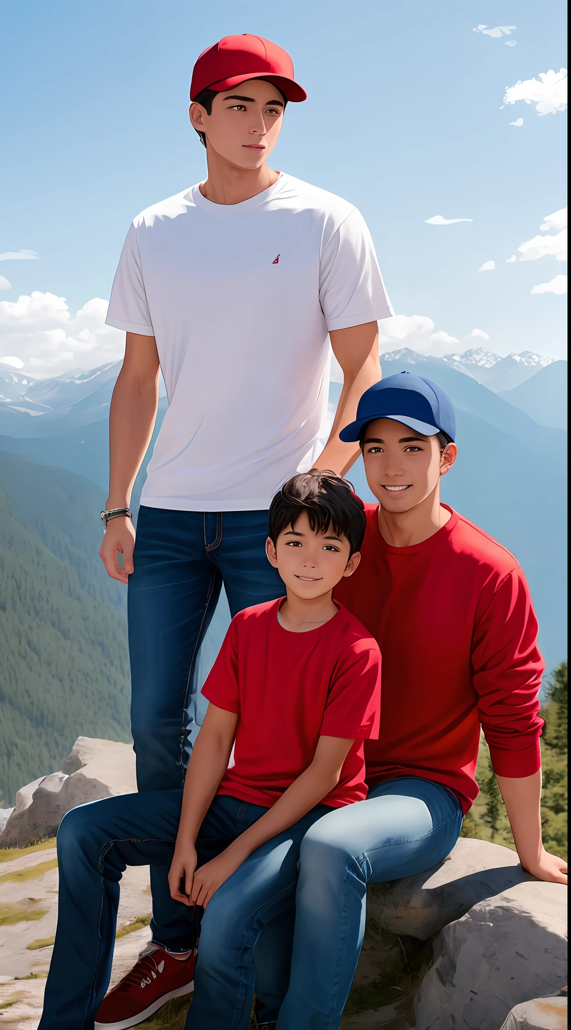 a boy and his father on top of a mountain, the father in jeans, white T-shirt, and the boy in red sweater, and a cap