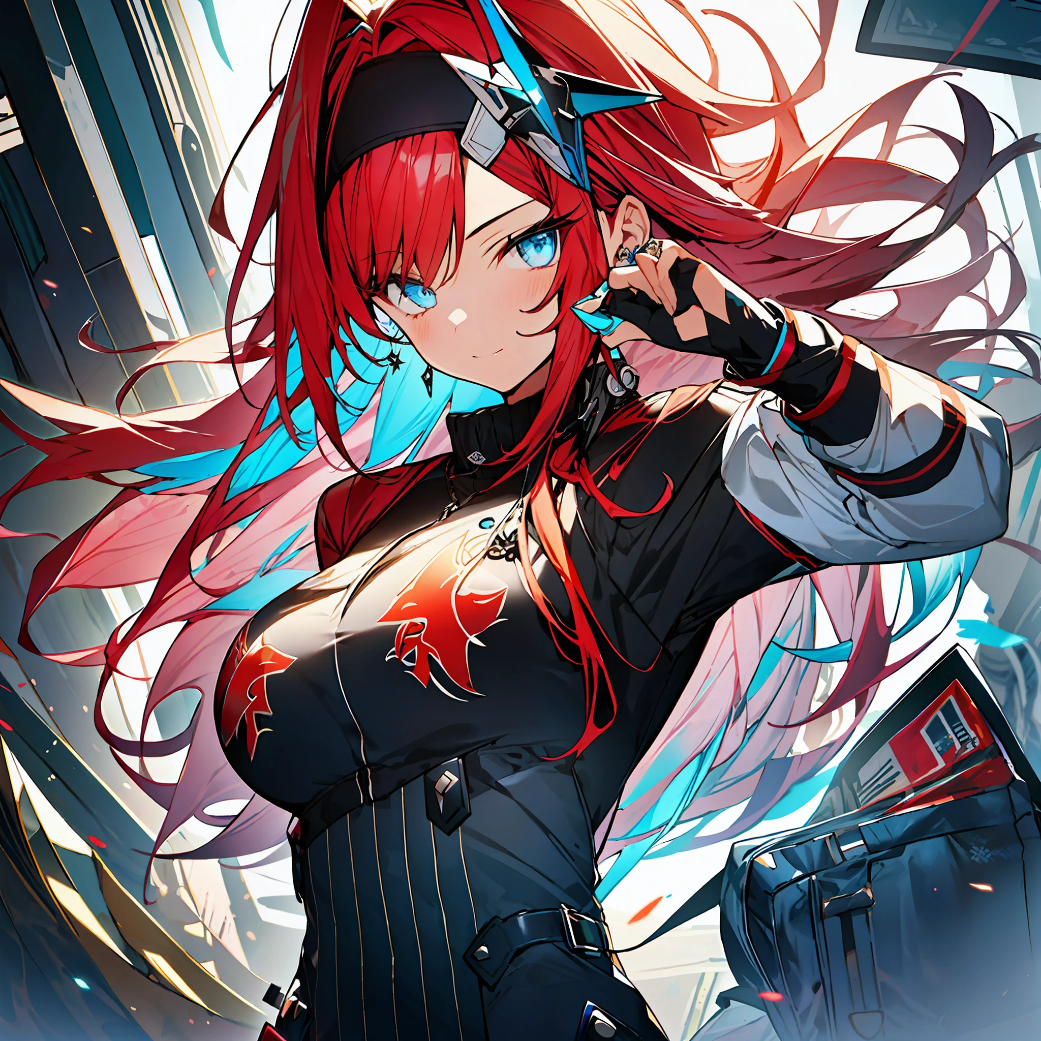 background, language_text, Japanese letters in graffit ,girls, long red hair, excellent lighting, sidelighting, (), vhsKeeper,, style GUILTY GEAR -STRIVE perfect ultimate (flat color: 1.3), (magazine_cover: 1.4), (multicolored_background: 1.3), striped_background, card_background, :: comix style by joe madureira :: circular pieces of white metals glued to the ultra detailed arms coming out sparkling shine, , perfect and detailed, ultra detailed shirt with abstract design  and with Japanese graffit print of the sides of the outfit, image of girls with big breast, on top of a futuristic motorcycle, with immersive effects, hover effect, background graffiti style tribal tattoo with vibrant colors "HDR ultra" detailed and with focus effect, (masterpiece: 1.2, best quality), (beautiful eyes with huge eyelashes finely detailed:  1.2), , ((Solo)), (Finely detailed eyes and detailed face :1.3), in various full-body attack poses, (cute background: 1.2),futuristic costume, Super detailed circular metals Clinging to arms and pants, fantastic paintings