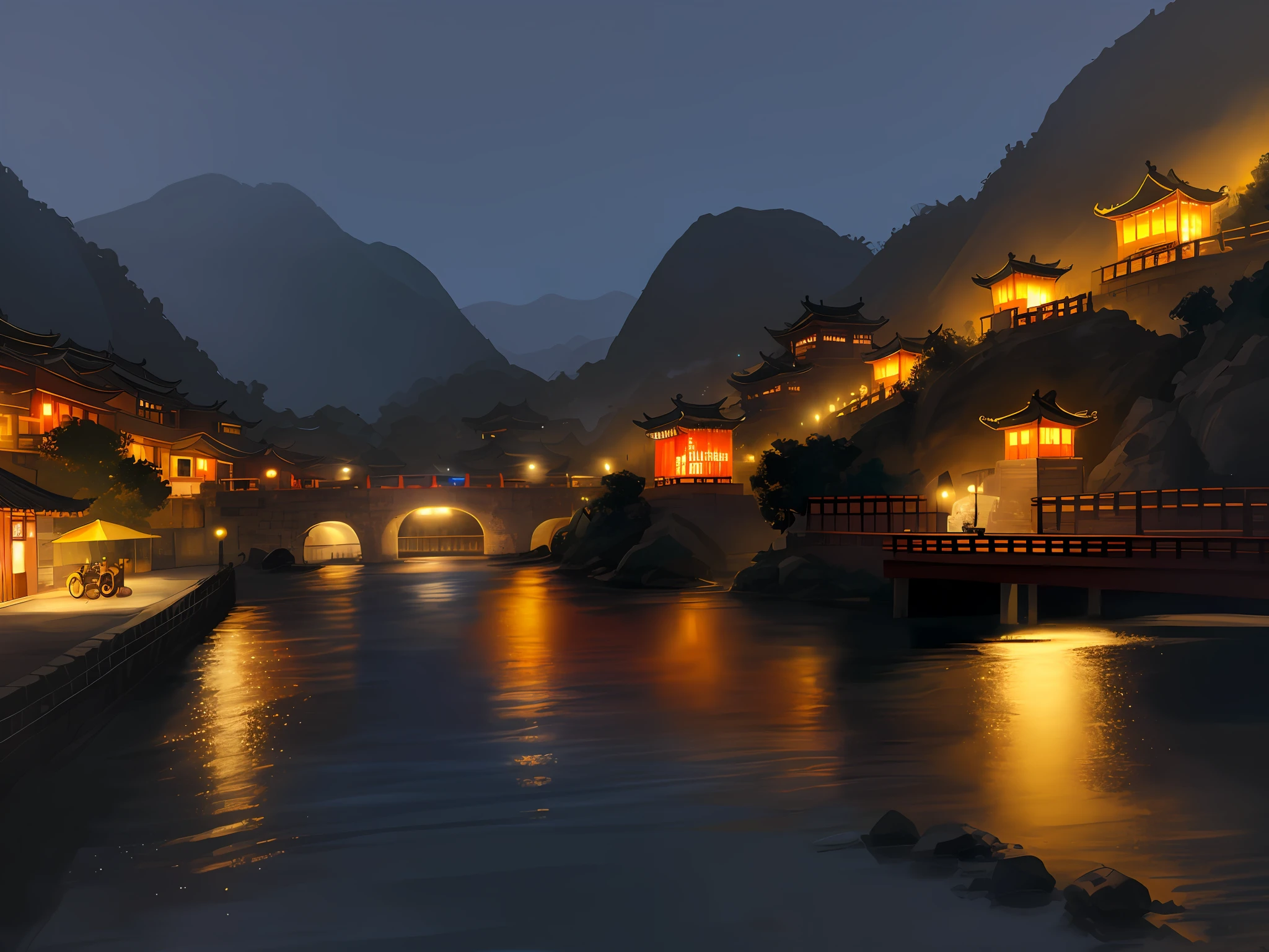 Night scene of river with bridges and buildings as background, fantastic Chinese town, beautiful rendering of Tang dynasty, Chinese village, Chinese town, 8K resolution digital painting, 8K resolution digital painting, matte digital painting, gorgeous digital painting, stunning digital painting, glowing lights! Beach gravel road, boat boat, painting boat, grilled fish stall, lively night market, digital painting, 4K digital painting, 4K digital painting, night scene --auto --s2