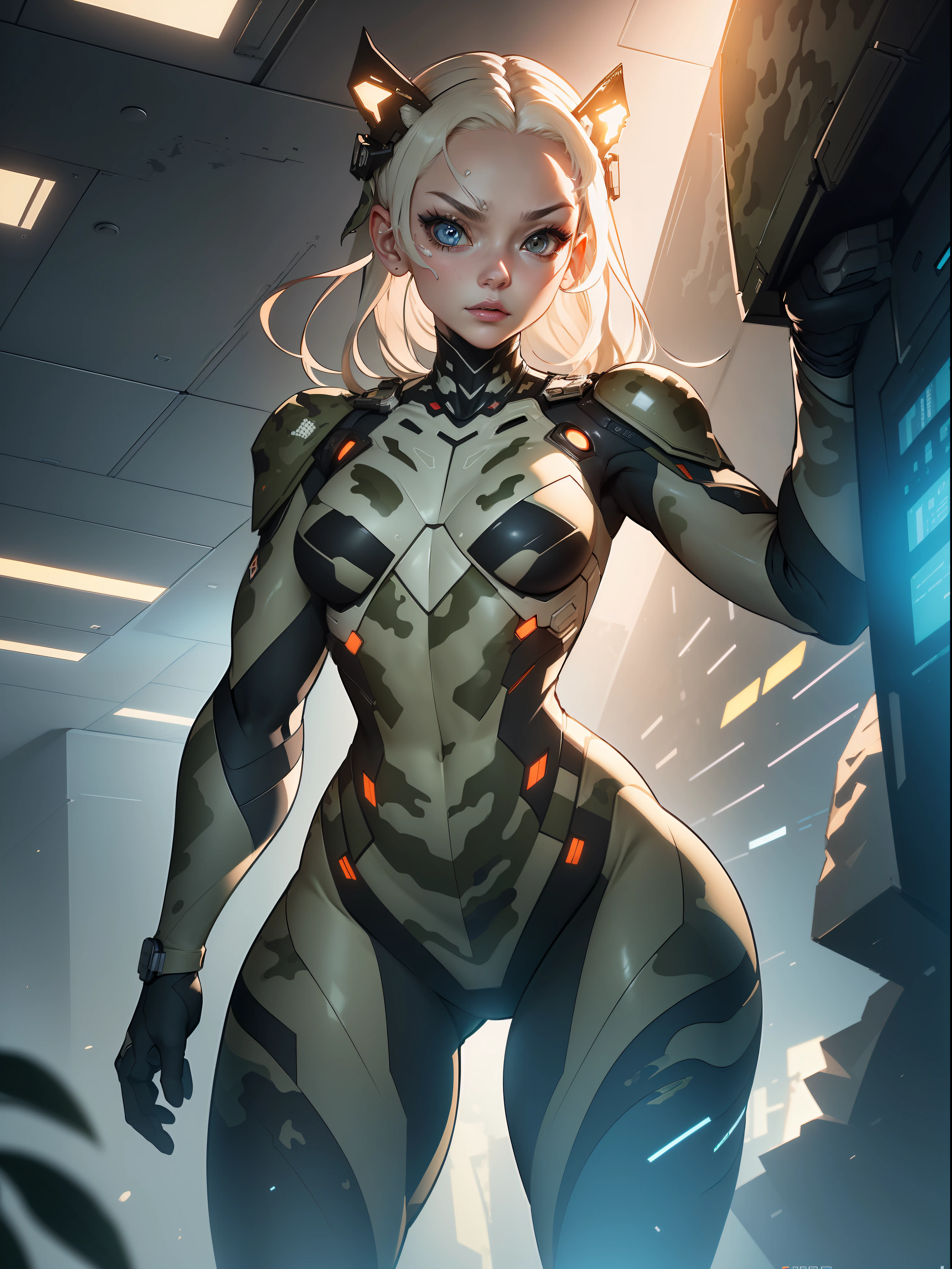 (((Military camouflaged pattern))), ((Best quality)), ((masterpiece)), (detailed: 1.4), (Absurd), paper, colorful line art, perfect face, girl, technological mask with oozy painting of a white skull, graffitti , shiny tanned skin, sweaty, muscular sculptural body defined, (((whole body))), half thick naked thighs, closed mouth, muscular body camouflaged fabric mechanics overalls and silver open to the navel, generous neckline, ((perfect small breasts)), ((fully camouflaged khaki clothing)), (((ivory hair with moth))), long eyelashes and black heavy makeup, (((niji style --V5)))), close to real, psychopathic, crazy face, sexy pose, technological background giant robot repair station, jaggers, 2 pieces clothing, centralized, scale to fit dimensions, HDR (High Dynamic Range),Ray Tracing,NVIDIA RTX, Super-Resolution,Unreal 5,Subsurface Dispersion, PBR Texture, Post-processing, Anisotropic Filtering, Depth of Field, Maximum Clarity and Sharpness, Multilayer Textures, Albedo and Specular Maps, Surface Shading, Accurate Simulation of Light-Material Interaction, Perfect Proportions, Octane Render, Two-Tone Lighting, Wide Aperture, Low ISO, White Balance, Rule of Thirds, 8K RAW, Crysisnanosuit