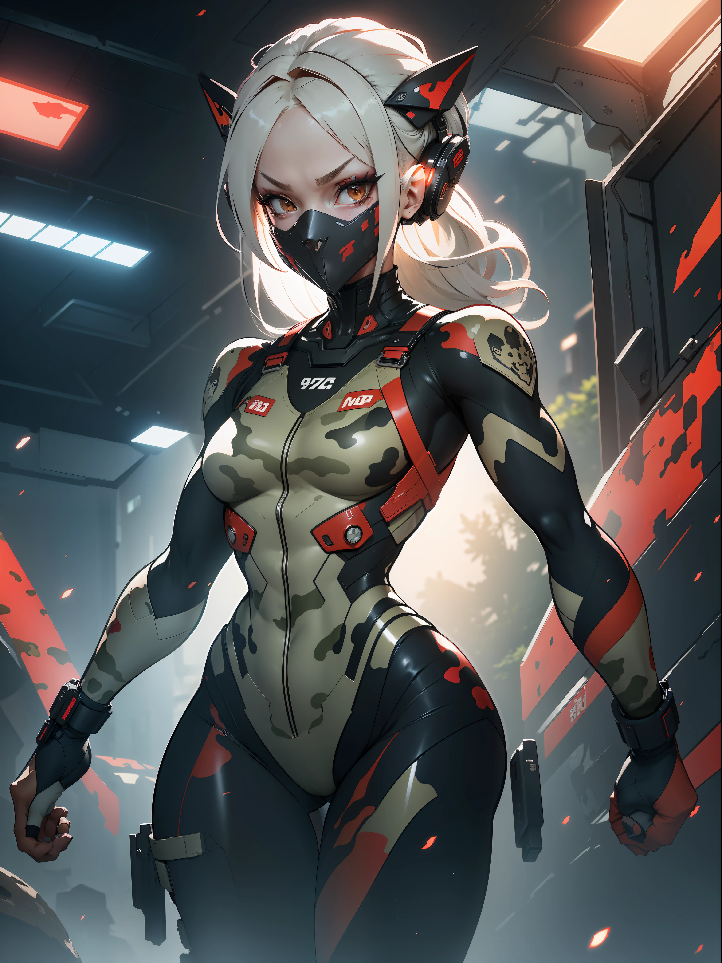 (((Red military camouflage pattern)))), ((Best quality)), ((masterpiece)), (detailed: 1.4), (Absurd), paper, colorful line art, perfect face, girl, replace black with silver, black technological mask with paint drained from a white skull, graffitti , shiny tanned skin, sweaty, muscular sculptural body defined, (((whole body))), half-thick naked thighs, closed mouth, muscular body mechanical overalls of camouflaged red fabric and silver open to the navel, generous neckline, ((perfect small breasts)), ((fully camouflaged khaki clothing)), (((ivory hair with moth))), long eyelashes and black heavy makeup, (((niji style --V5)))), close to real, psychopathic, crazy face, sexy pose, technological background giant robot repair station, jaggers, 2 pieces clothing, centralized, scale to fit dimensions, HDR (High Dynamic Range),Ray Tracing,NVIDIA RTX, Super-Resolution,Unreal 5,Subsurface Dispersion, PBR Texture, Post-processing, Anisotropic Filtering, Depth of Field, Maximum Clarity and Sharpness, Multilayer Textures, Albedo and Specular Maps, Surface Shading, Accurate Simulation of Light-Material Interaction, Perfect Proportions, Octane Render, Two-Tone Lighting, Wide Aperture, Low ISO, White Balance, Rule of Thirds, 8K RAW, Crysisnanosuit
