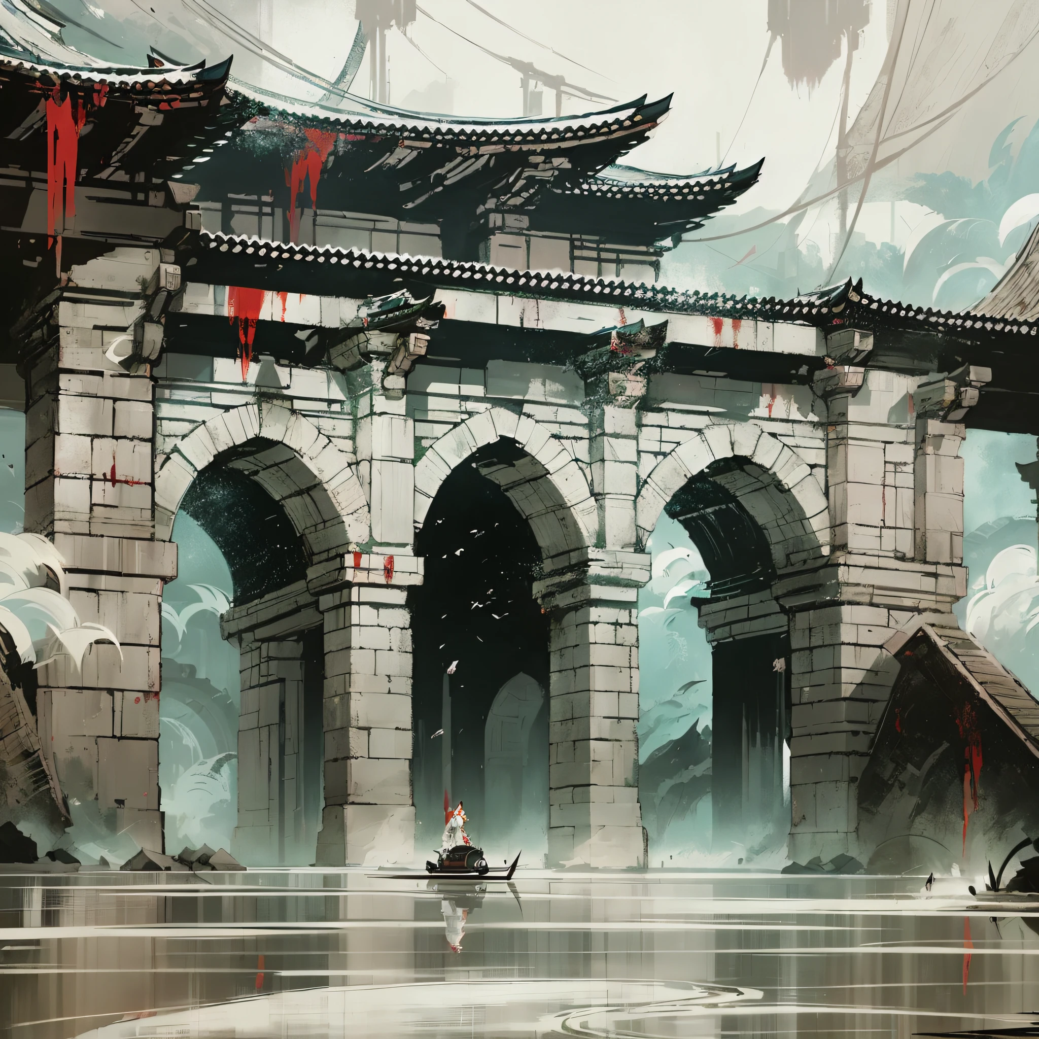 A cloth wrapped in blood, Rossdraws Global Lighting, Ross Tran. Landscape background, G Liulian art style, digital painting concept art, beautiful artwork illustration, Yang J, Beyard Wu, Li Song, Nguyen Jia, Andreas Rocha style, inspired by Zhong Fenghua