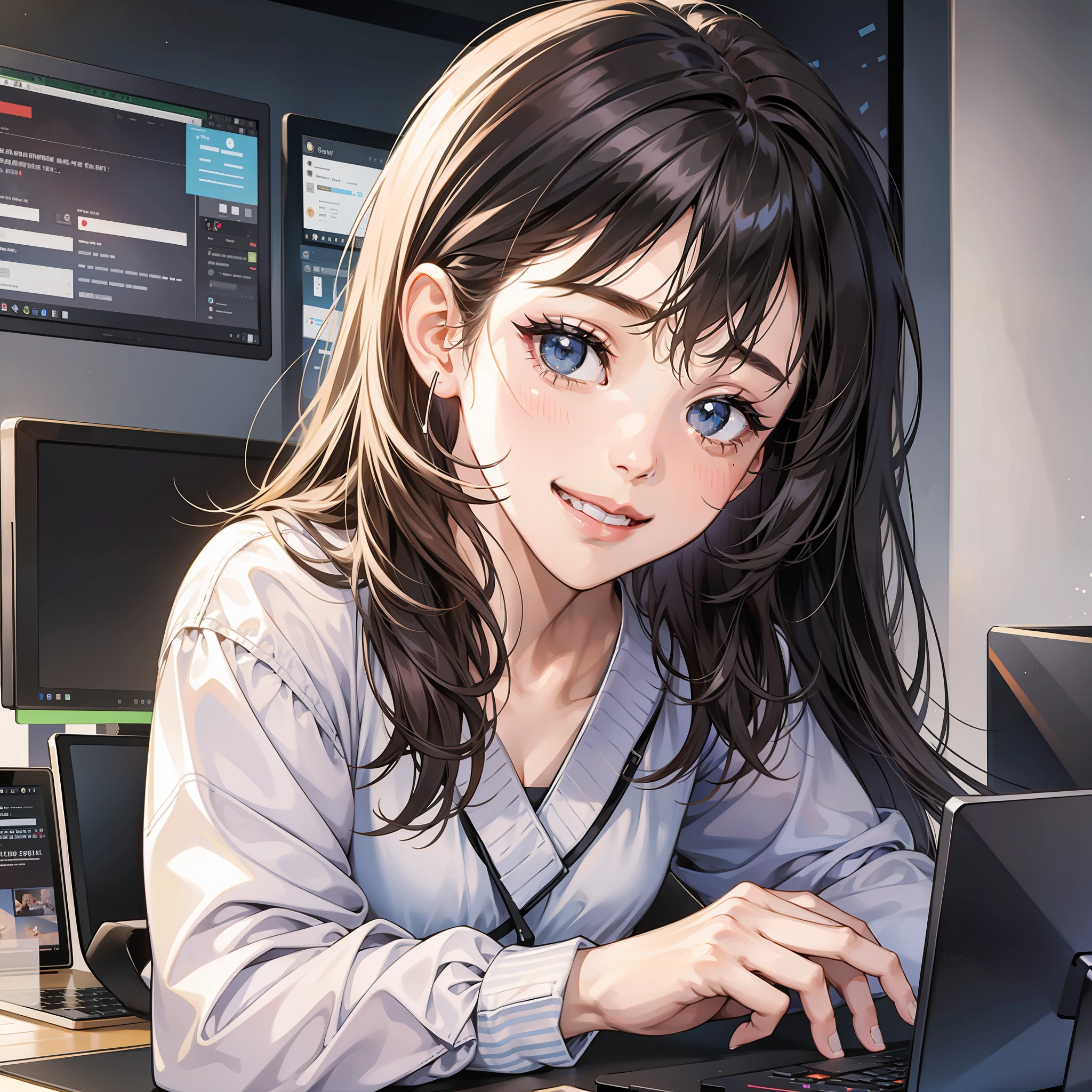 A girl in front of a computer screen, smiling