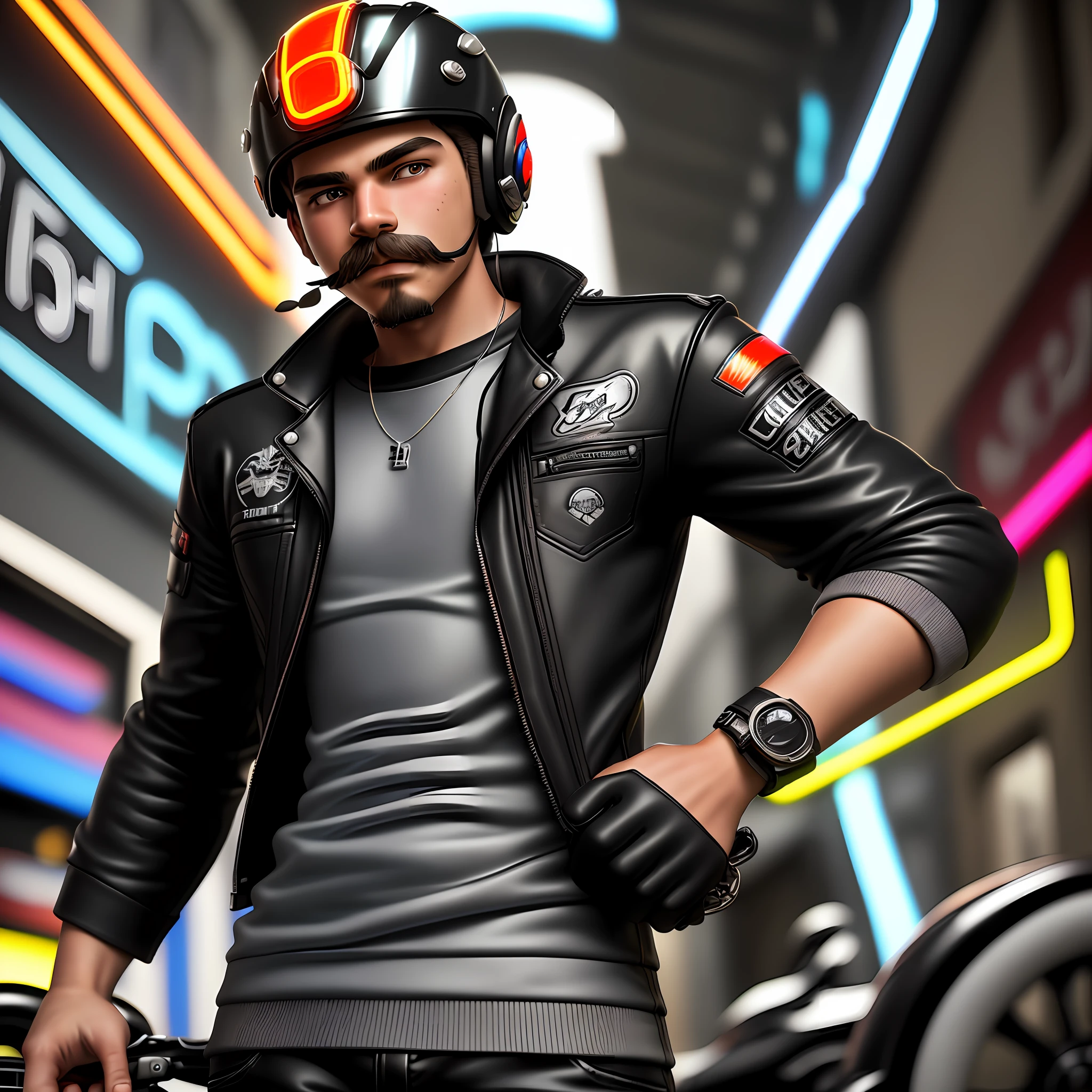 ((3D, best quality: 1.3)), super detailed, full body, (close-up of 15 year old boy, with mustache and goatee, casual dress, motorcycle helmet, cartoon designer, neon light