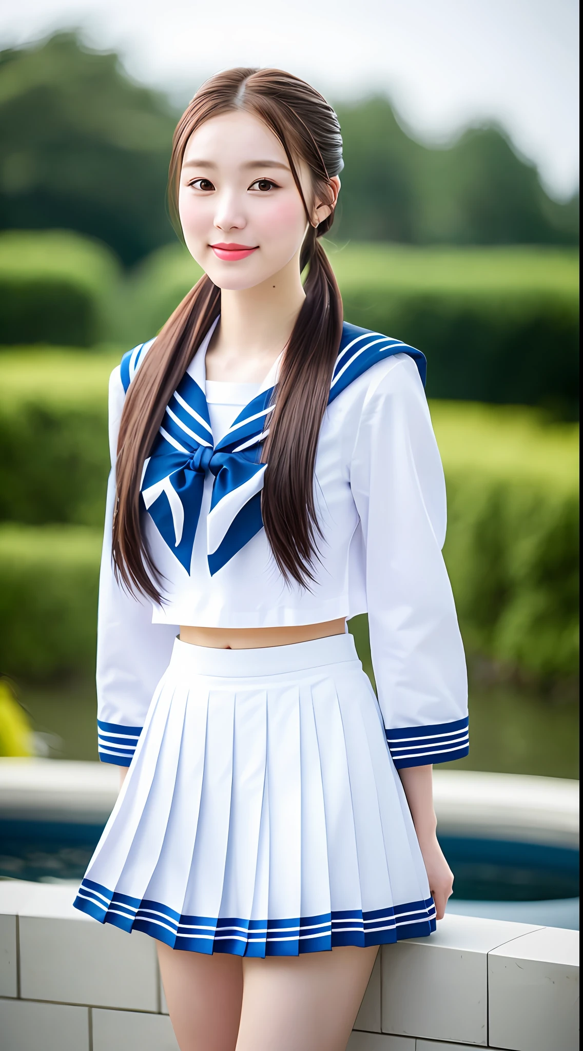 Realistic photos of shoulder length hair, ponytail, thin makeup, (small breasts), fountain, clear facial features, 8K high resolution, sharp and realistic details, full body, high school uniform, white skin, white sailor suit, mini skirt, pleated skirt, f/4.0, 135mm, fujifilm, jpeg artifact, dithering, UHD, masterpiece, wind, cherry, blur,