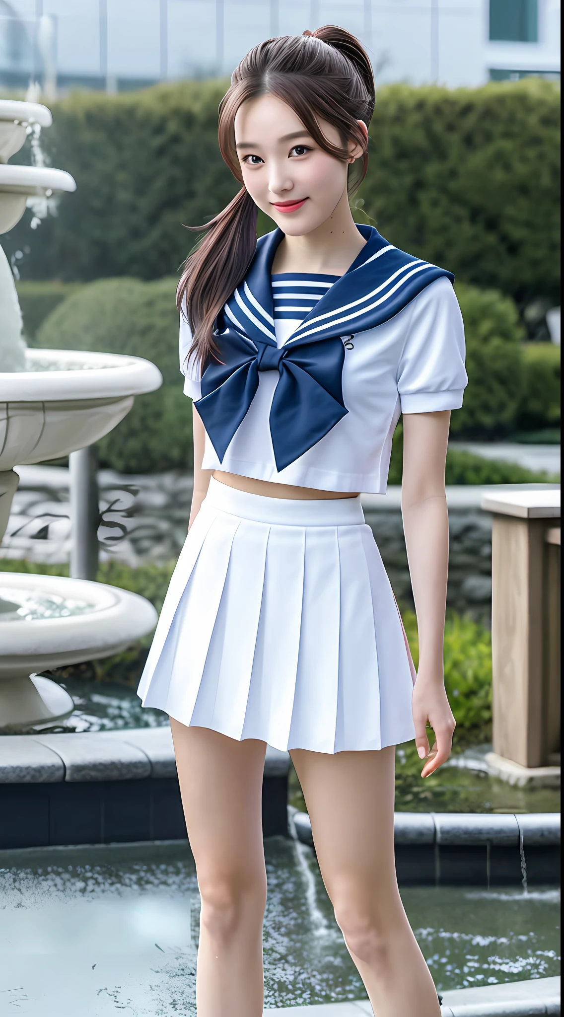 Realistic photos of shoulder length hair, ponytail, thin makeup, (small breasts), fountain, clear facial features, 8K high resolution, sharp and realistic details, full body, high school uniform, white skin, white sailor suit, mini skirt, pleated skirt, f/4.0, 135mm, fujifilm, jpeg artifact, dithering, UHD, masterpiece, wind, cherry, blur,