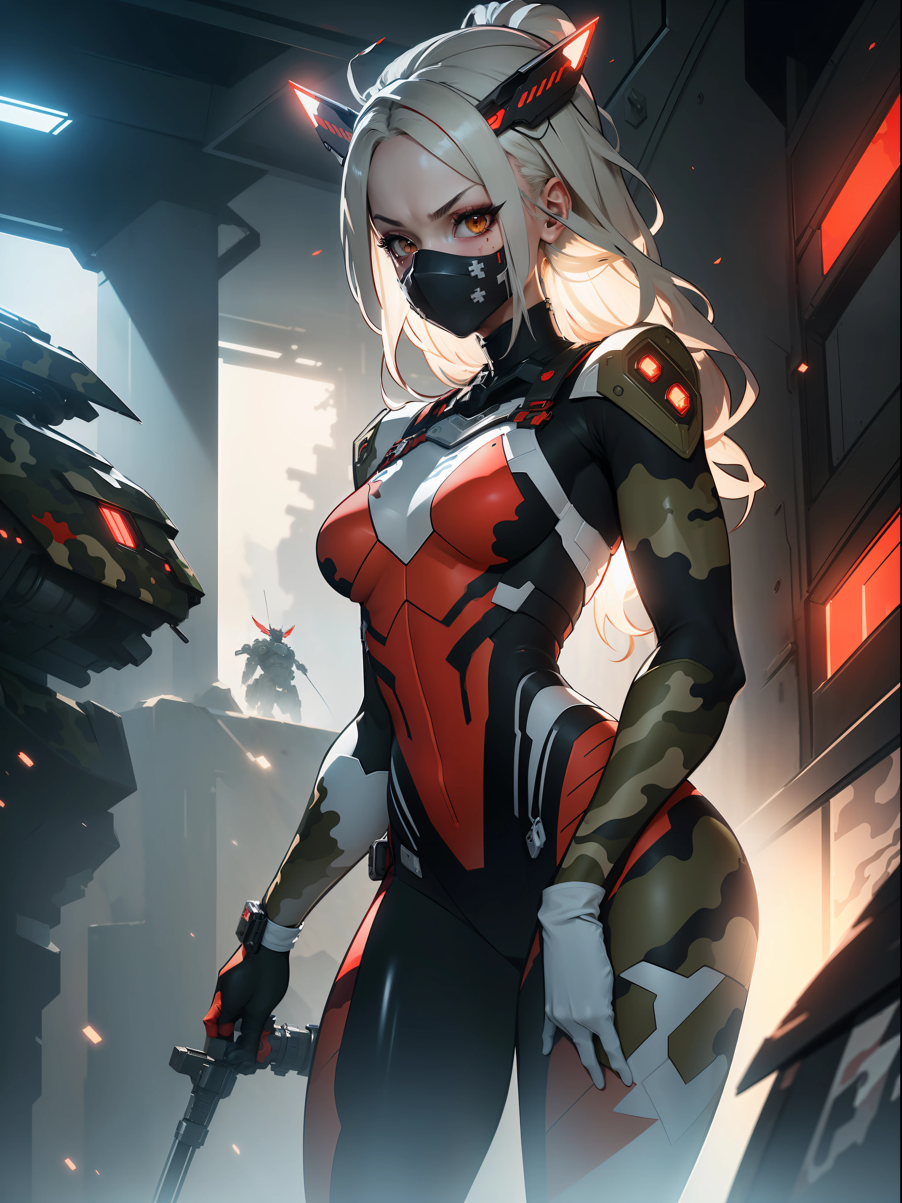 (((Red military camouflage pattern)))), ((Best quality)), ((masterpiece)), (detailed: 1.4), (Absurd), paper, colorful line art, perfect face, girl, replace black with silver, black technological mask with paint drained from a white skull, graffitti , shiny tanned skin, sweaty, muscular sculptural body defined, (((whole body))), half-thick naked thighs, closed mouth, muscular body mechanical overalls of camouflaged red fabric and silver open to the navel, generous neckline, ((perfect small breasts)), ((fully camouflaged khaki clothing)), (((ivory hair with moth))), long eyelashes and black heavy makeup, (((niji style --V5)))), close to real, psychopathic, crazy face, sexy pose, technological background giant robot repair station, jaggers, 2 pieces clothing, centralized, scale to fit dimensions, HDR (High Dynamic Range),Ray Tracing,NVIDIA RTX, Super-Resolution,Unreal 5,Subsurface Dispersion, PBR Texture, Post-processing, Anisotropic Filtering, Depth of Field, Maximum Clarity and Sharpness, Multilayer Textures, Albedo and Specular Maps, Surface Shading, Accurate Simulation of Light-Material Interaction, Perfect Proportions, Octane Render, Two-Tone Lighting, Wide Aperture, Low ISO, White Balance, Rule of Thirds, 8K RAW, Crysisnanosuit