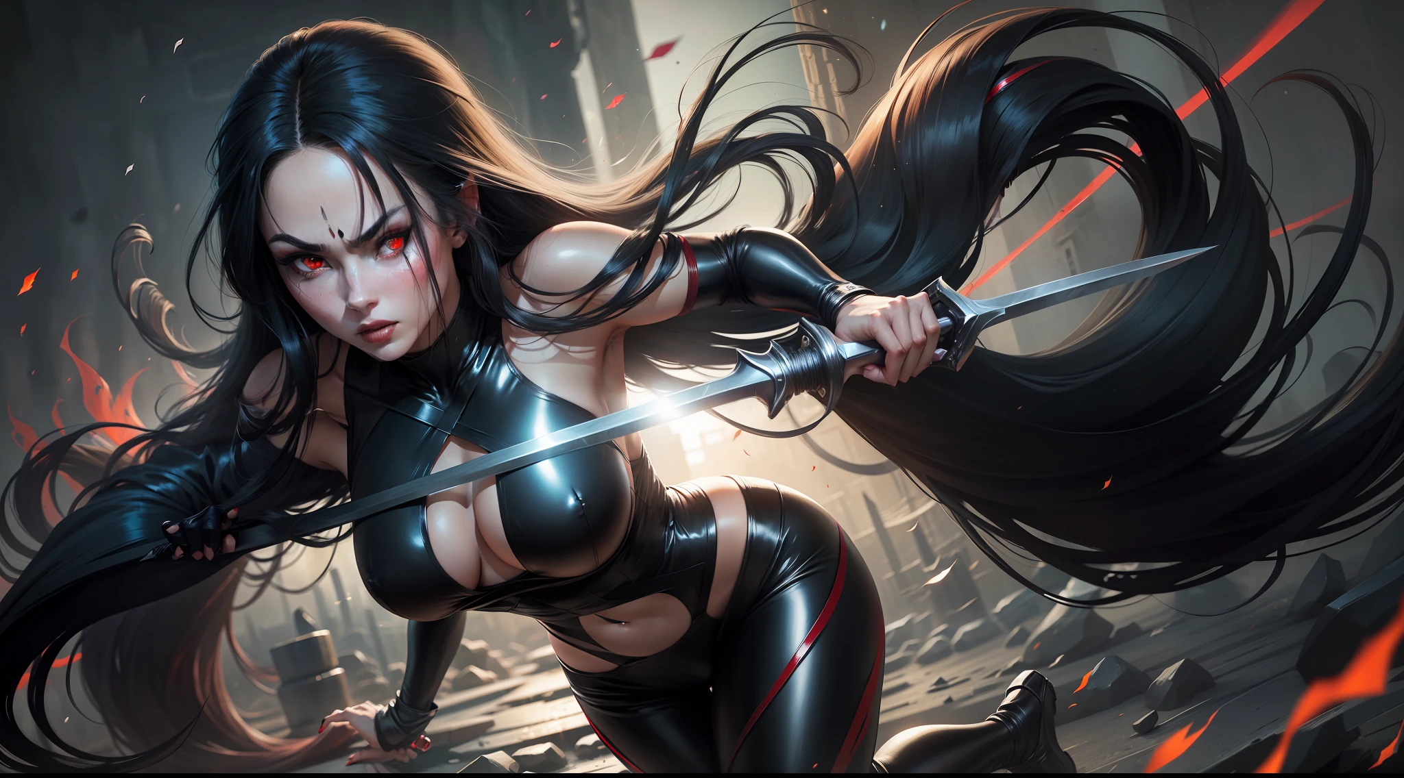 1 woman, beautiful girl, long black hair, shiny, red eyes, looking at the viewer, full body framed, ninja, ninja woman, sensual ninja, dangerous ninja, very realistic light skin, wearing ninja outfit, pants, with black metal parts with sparkle, sword in hand, night, in the shadows, sneaking