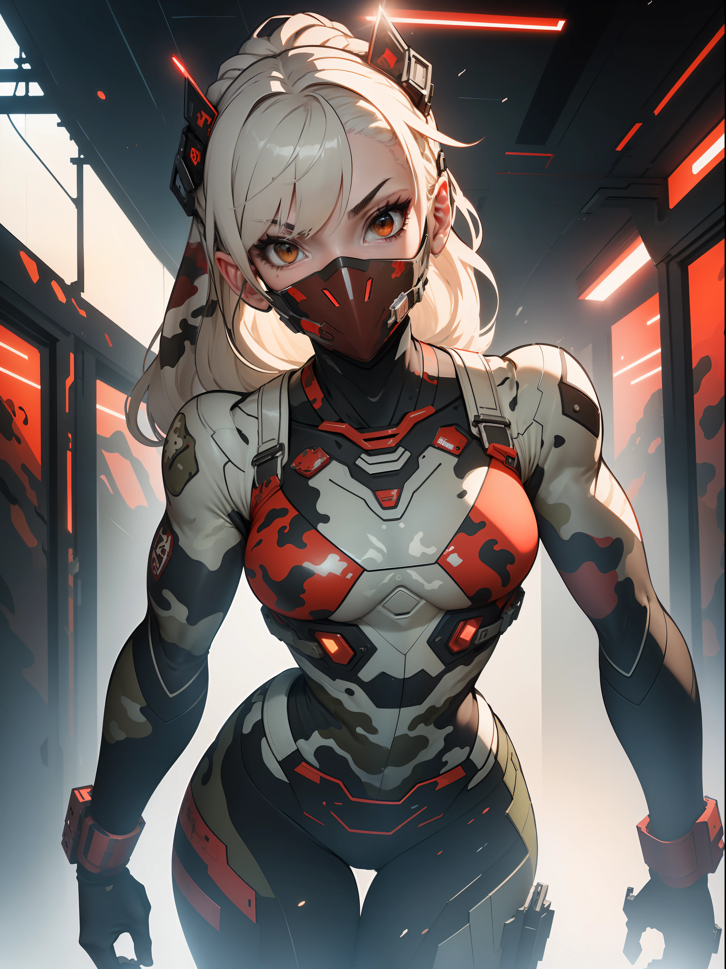 (((Red military camouflage pattern)))), ((Best quality)), ((masterpiece)), (detailed: 1.4), (Absurd), paper, colorful line art, perfect face, girl, replace black with silver, black technological mask with paint drained from a white skull, graffitti , shiny tanned skin, sweaty, muscular sculptural body defined, (((whole body))), half-thick naked thighs, closed mouth, muscular body mechanical overalls of camouflaged red fabric and silver open to the navel,  generous neckline, ((perfect small breasts)), ((fully camouflaged khaki clothing)), (((ivory hair with moth))), long eyelashes and black heavy makeup, (((niji style --V5)))), close to real, psychopathic, crazy face, sexy pose, technological background giant robot repair station, jaggers, 2 pieces clothing, centralized, scale to fit dimensions, HDR (High Dynamic Range),Ray Tracing,NVIDIA RTX, Super-Resolution,Unreal 5,Subsurface Dispersion, PBR Texture, Post-processing, Anisotropic Filtering, Depth of Field, Maximum Clarity and Sharpness, Multilayer Textures, Albedo and Specular Maps, Surface Shading, Accurate Simulation of Light-Material Interaction, Perfect Proportions, Octane Render, Two-Tone Lighting, Wide Aperture, Low ISO, White Balance, Rule of Thirds, 8K RAW, Crysisnanosuit