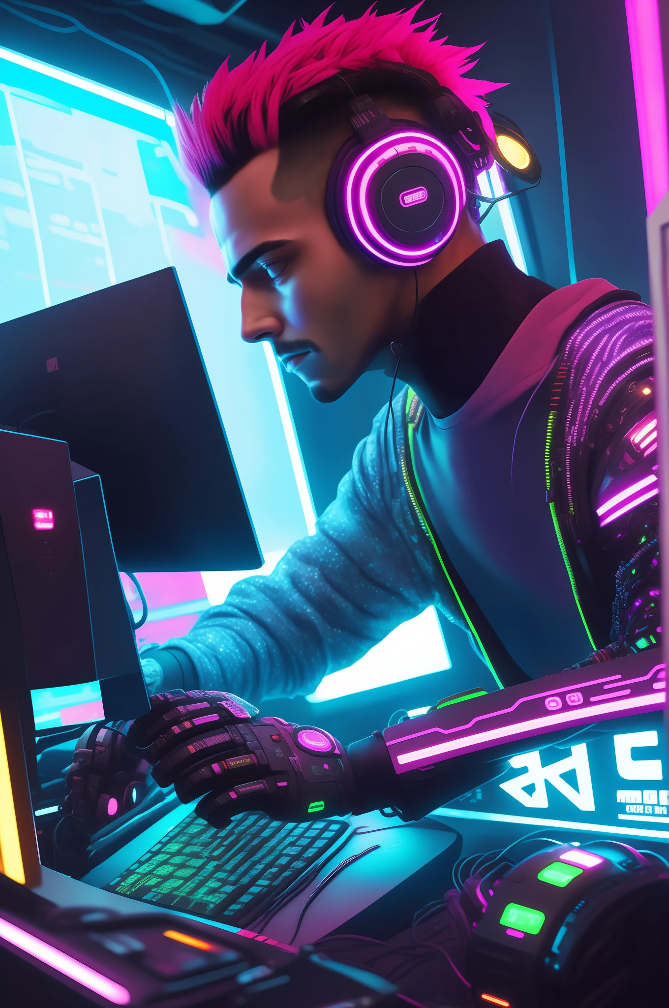 arafed man with headphones on using a computer in a room, cyberpunk art style, cyberpunk artstyle, bright cyberpunk glow, neon scales and cyborg tech, cyberpunk vibe, hyper-realistic cyberpunk style, cyber style, cyberpunk themed art, cyberpunk dude, advanced digital cyberpunk art, cyberpunk neon, in cyberpunk style, cyberpunk vibrant colors, cyberpunk futuristic neon, cyberpunk vibes