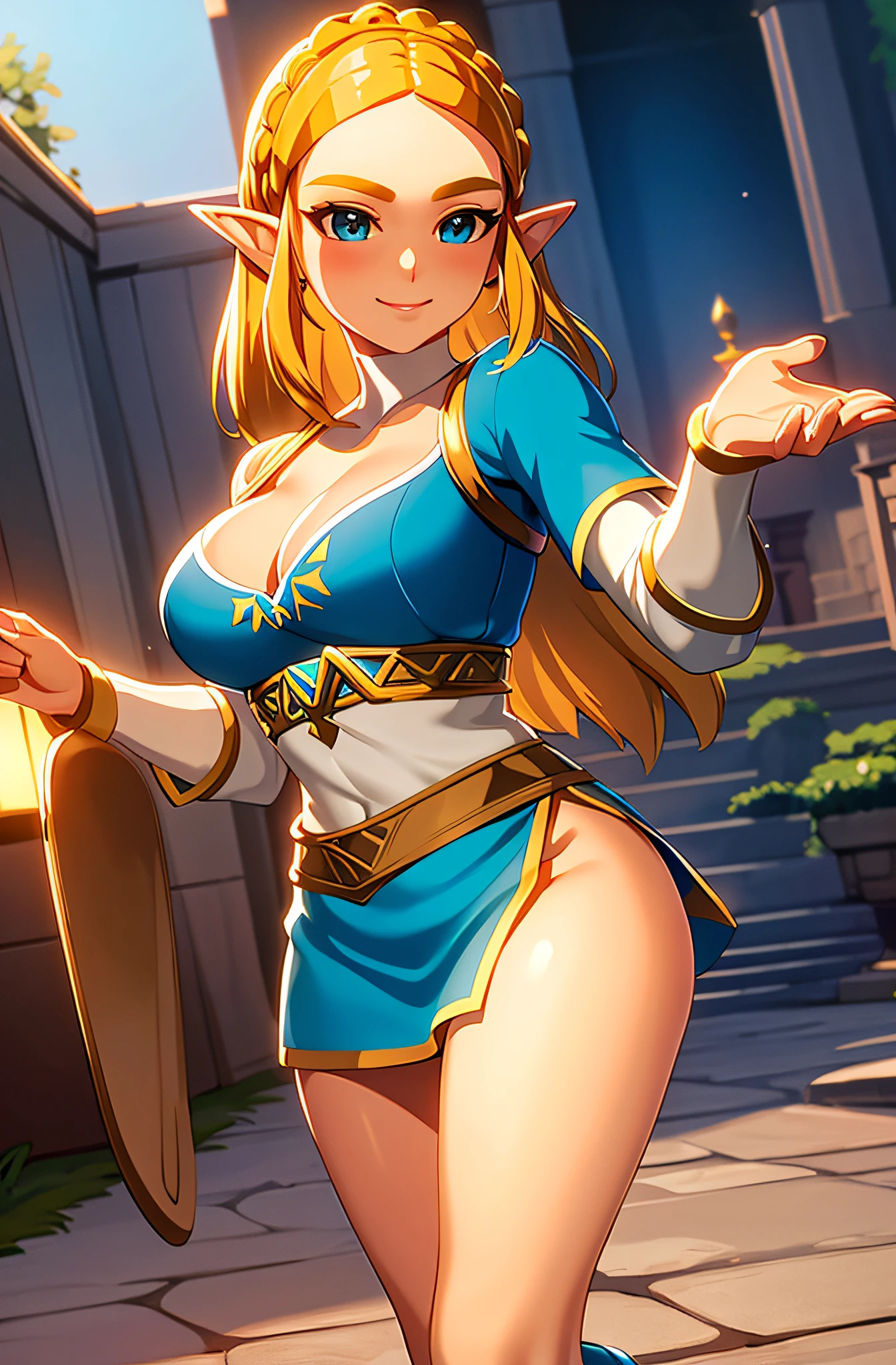 masterpiece,best quality,zelda\(princess\), 1girl, solo, large breasts, cleavage, smile, long_hair, lingerie, facing viewer,