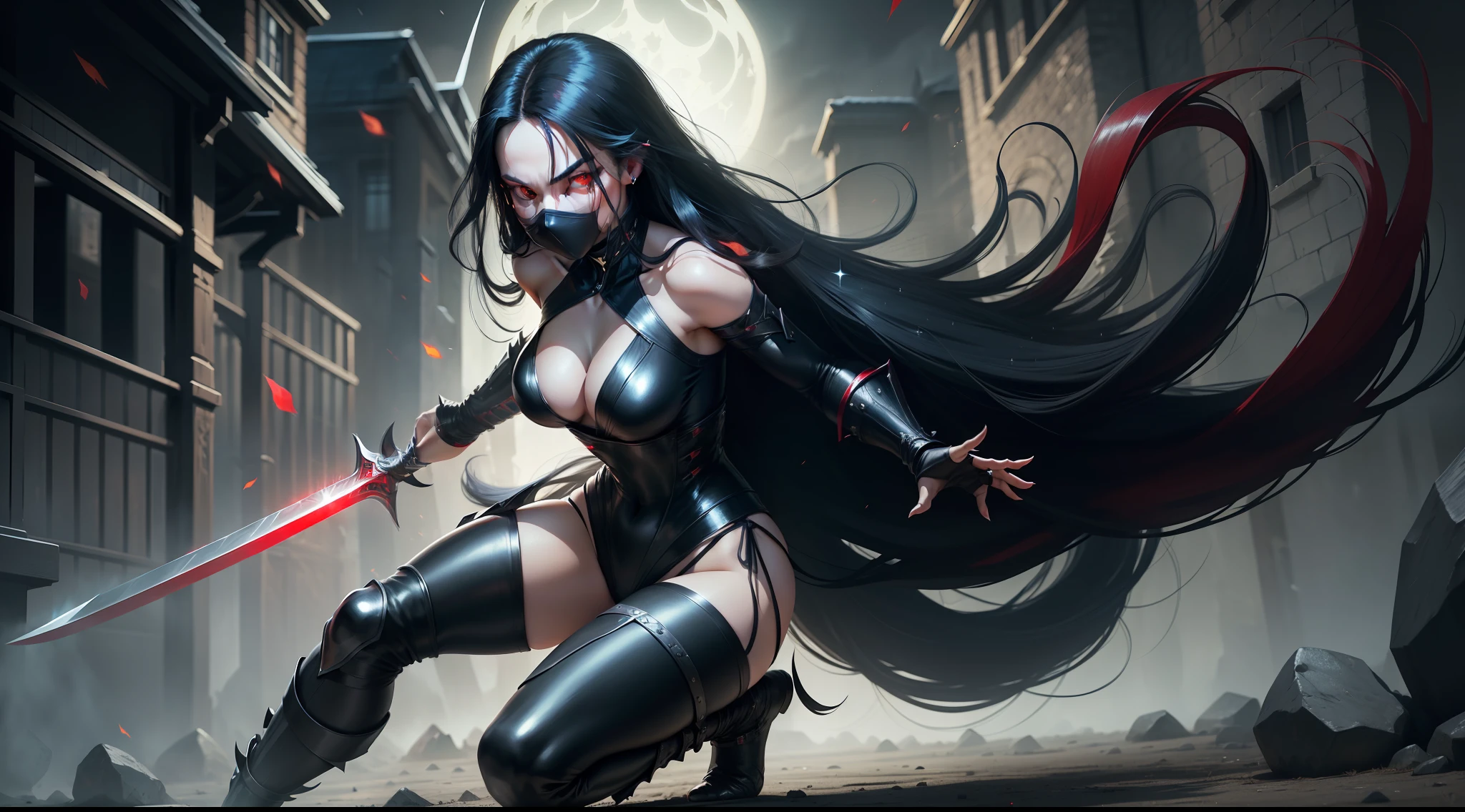 1 woman, beautiful girl, long black hair, shiny, red eyes, looking at the viewer, full body framed, ninja, ninja woman, sensual ninja, dangerous ninja, very realistic light skin, wearing ninja outfit, pants, with black metal parts with sparkle, sword in hand, night, in the shadows, sneaking