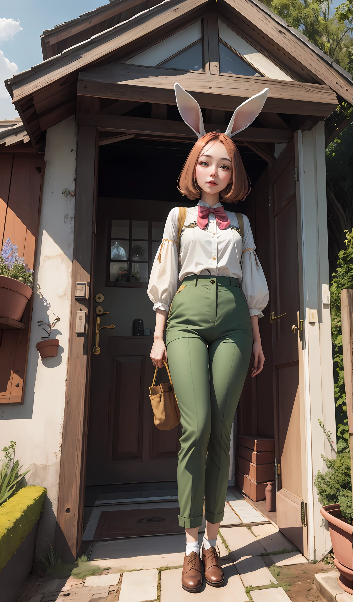 4k, realistic, carismatic, very detail, there is a girl on garden house, wearing rabbit woman , soft theme, pants, 25 years old, full body