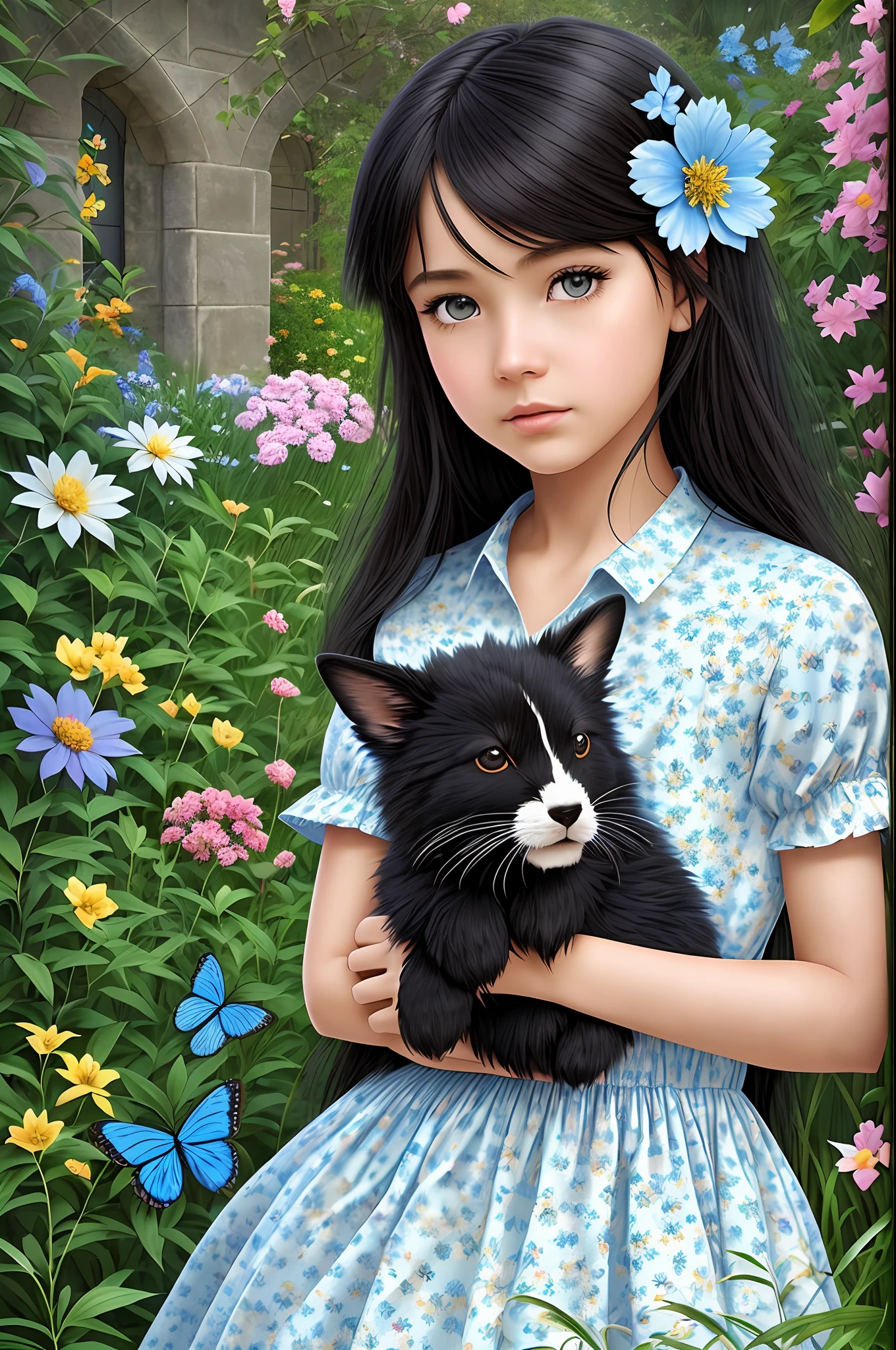 Create Cover for an ebook whose name is the garden of lara,with a character black hair,blue eyes,holding a brown rabbit,with a flowering garden in the background full of butterflies well persuasive to draw the attention of readers under 10 years
