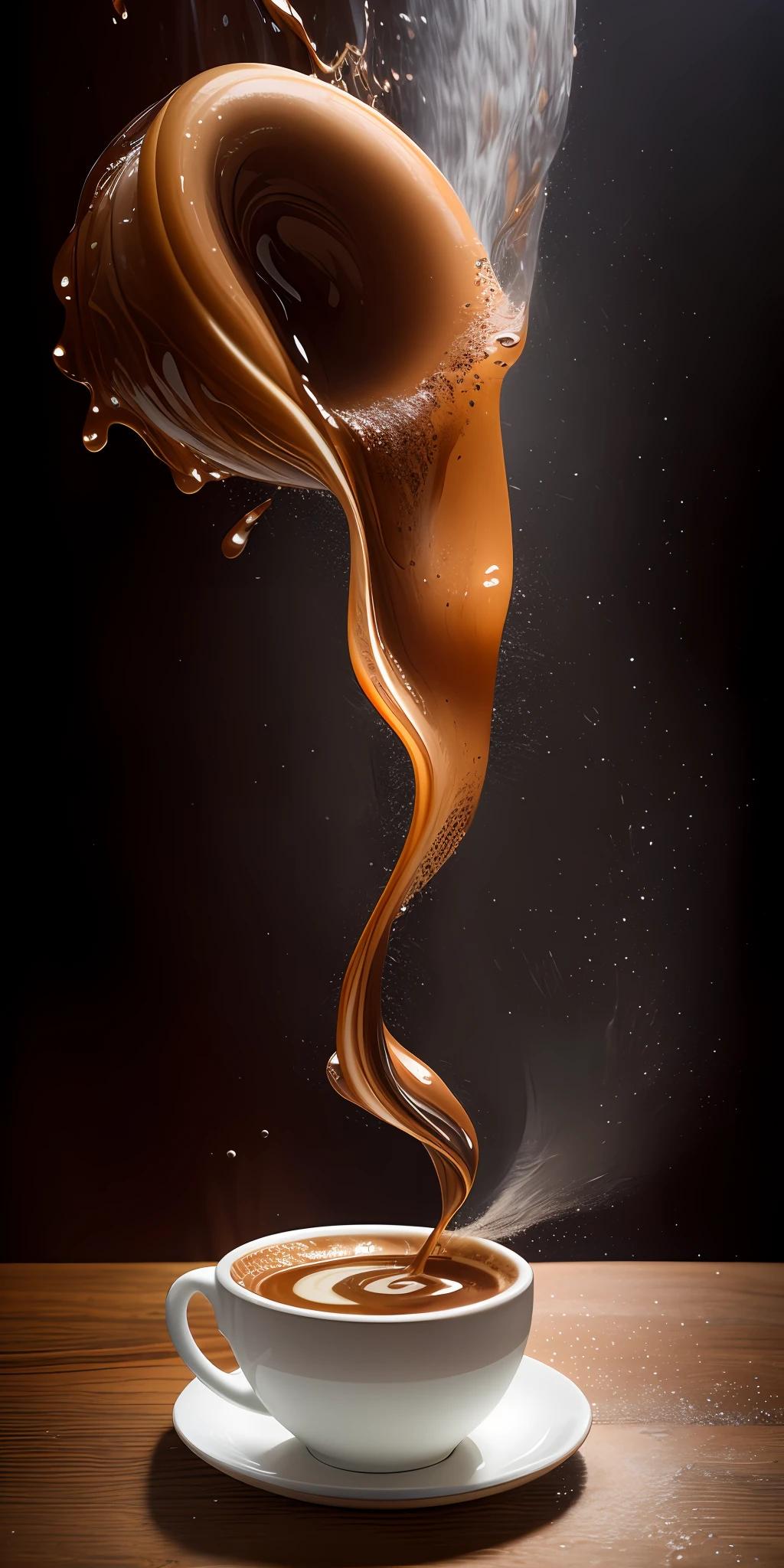 (Liquid Splash Fluid Art:1.2) Gravity-Defying Coffee Pour: A cup of dark, robust coffee suspended in mid-air, the rich, steaming liquid spiraling upwards in a mesmerizing anti-gravity display. The stream of coffee swirls and dances, an enticing aroma wafting from it. The scene, meticulously crafted using Cinema 4D's fluid simulation at an aperture of f/2.8, ISO 400, and a shutter speed of 1/60 sec, creates a fascinating juxtaposition of the ordinary and the surreal. The final render, enhanced using Gamma Correction and Tone Mapping, presents a dreamlike take on a morning ritual, paying homage to the styles of Alex Roman and Beeple.
