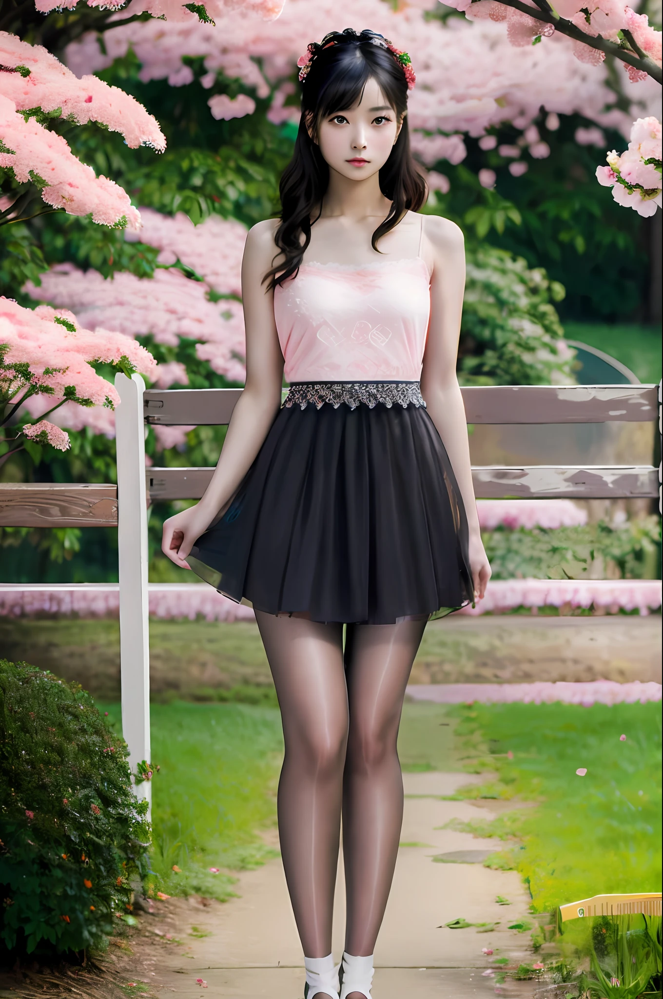 movie portrait photography, 1girl, correct body structure, perfect body, fair skin, pretty face, detailed face, blush, face, maid hair accessories, charming body, slim, wide hips, thin waist, no clothes, black bra, black lace panties, busty with deep, black pantyhose, long legs, no skirt, stockings, thigh stockings, standing on bench with full body photo, leg focus, fair skin with bare shoulder length, serene, calm, (realistic details, natural skin texture, Realistic Face Details), Soft Dramatic Lighting, Depth of Field, Bokeh, Vibble Detail, Fine Detail, Surrealism, 35mm Film, Hazy Blur, Film, 16k, Peony, Rose, Cherry Blossom, Rainforest, Lots of Flowers, Juice:1.3)
