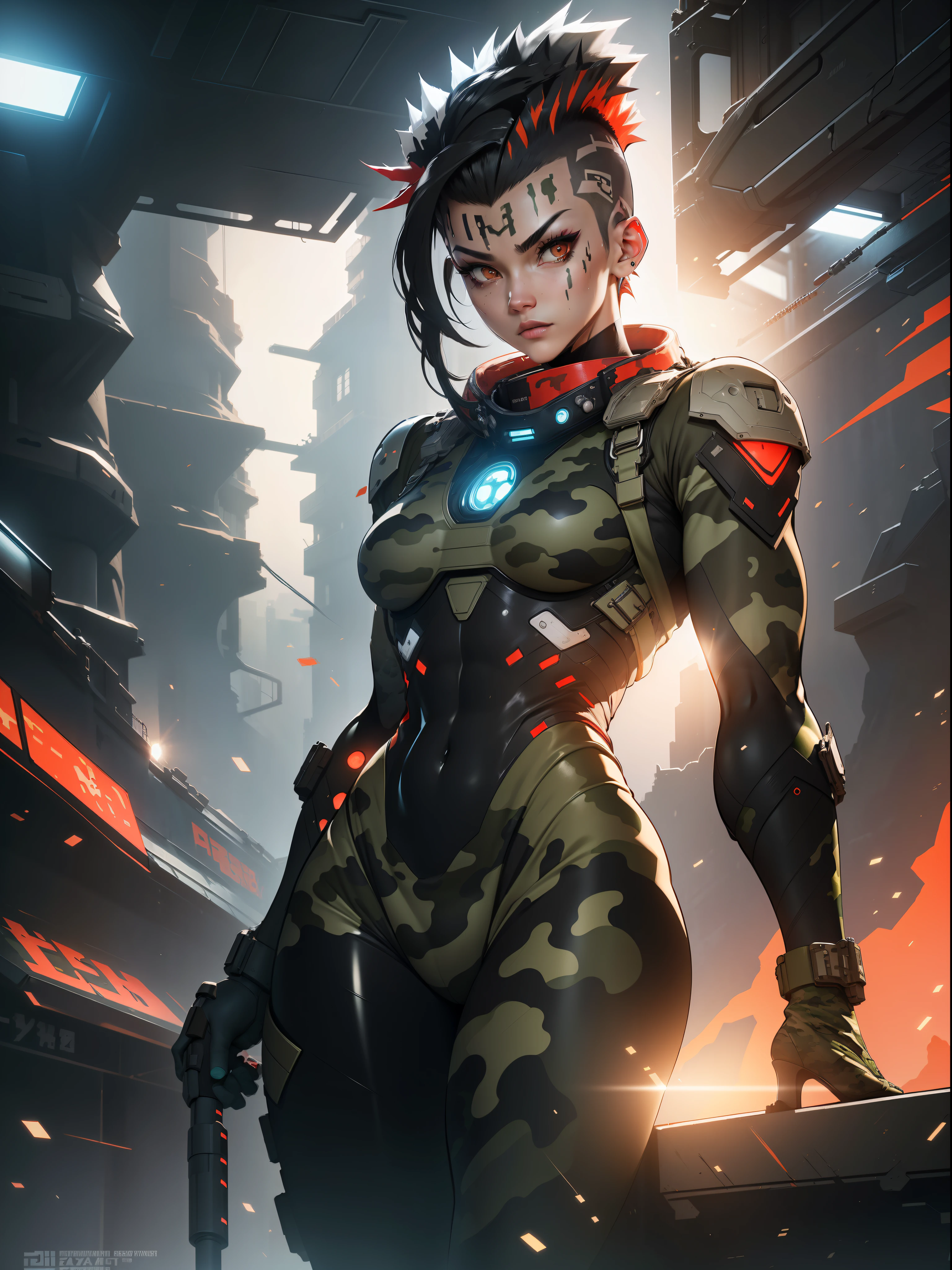 (((Military camouflage pattern))), ((Best quality)), ((masterpiece)), (detailed: 1.4), (Absurd), paper, colorful line art, perfect face, girl, replace black with silver, black technological mask with paint drained from a white skull, graffitti , shiny tanned skin, sweaty, muscular sculptural body defined, (((whole body))), half thick naked thighs, closed mouth, muscular body fabric mechanical overalls #06b2a1 color camouflage and silver open to the navel, generous neckline, ((perfect small breasts)), (((fully camouflaged khaki clothing)), (((mohawk black hair with red tips)))), long eyelashes and black heavy makeup, (((niji style --V5)))), close to real, psychopathic, crazy face, sexy pose, technological background giant robot repair station, jaggers, 2 pieces clothing, centralized, scale to fit dimensions, HDR (High Dynamic Range),Ray Tracing, NVIDIA RTX,Super-Resolution,Unreal 5,Subsurface Dispersion, PBR Texture, Post-processing, Anisotropic filtering, Depth of field, Maximum clarity and sharpness, Multilayer textures, Albedo and specular maps, Surface shading, Accurate simulation of light-material interaction, Perfect proportions, Octane Render, Two-tone lighting, Wide aperture, Low ISO, White balance, Rule of thirds, 8K RAW, crysisnanosuit