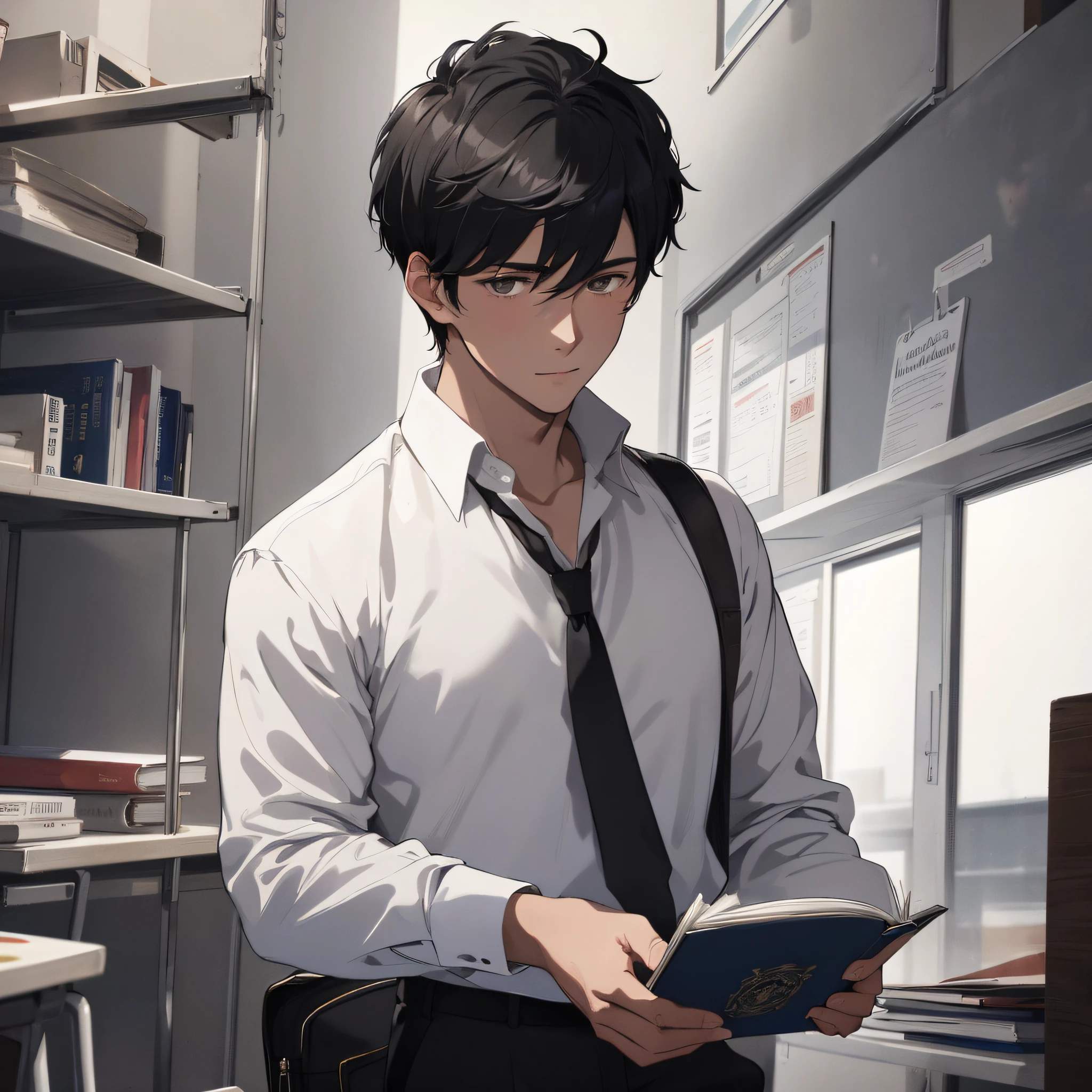 A young man with short black hair in a white blouse about twenty years old standing in school holding a book with an expression surprised (background is school 1.5) (expression hollow 1.5) (sweat 1.3) (best quality: 1.1) (masterpiece: 1.3) with an unparalleled masterpiece, surreal 8K, perfect artwork, super detail, best quality, masterpiece 4K wallpaper aesthetics, masterpiece, award-winning artwork, official art, cinematic lighting (handsome young man 1.5) (handsome guy 1.5)