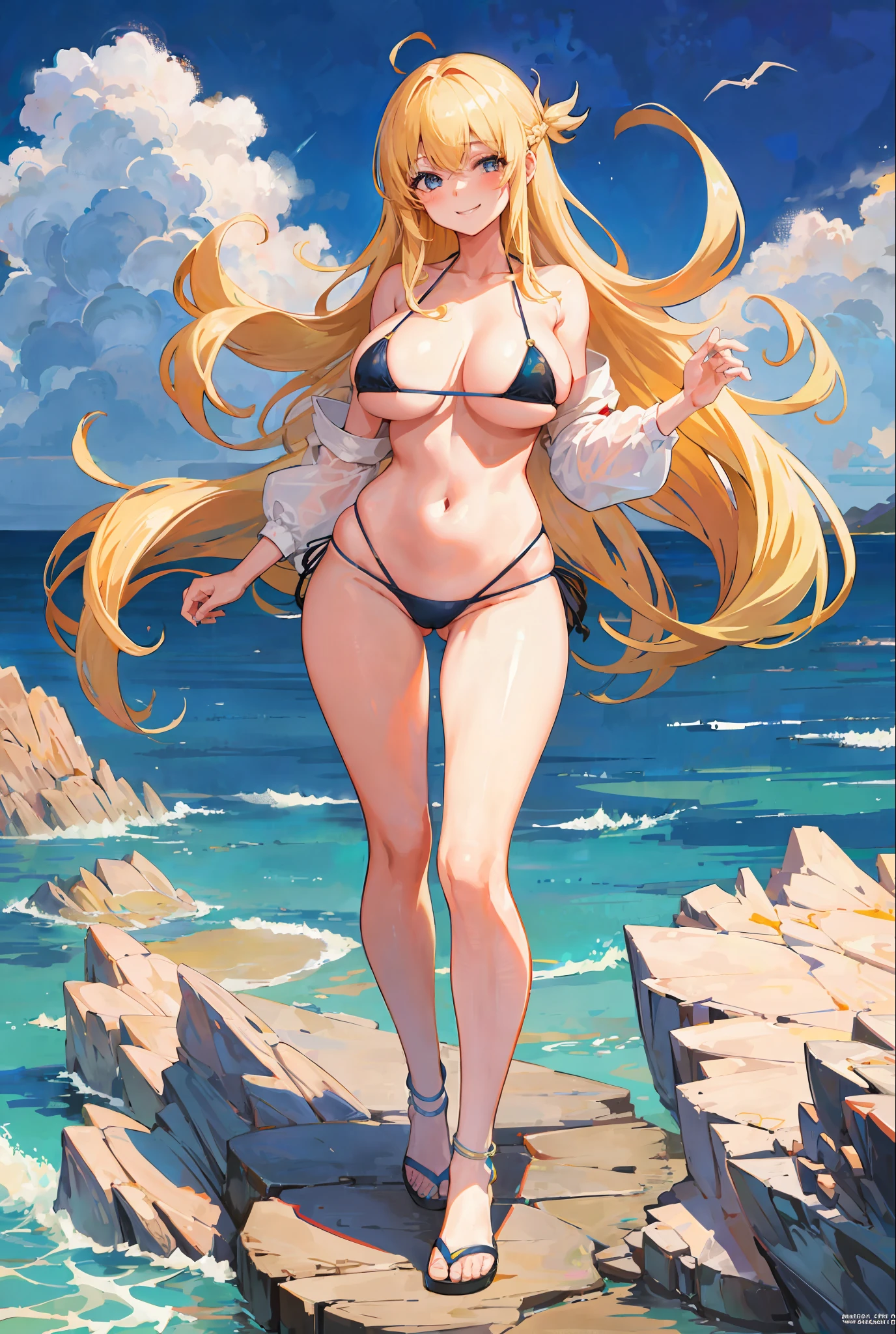1 girl, blonde, long hair, doya face, grinning, mekosuji, mature, big breasts, (micro bikini: 1.4), sea background, full body, model figure, standing,