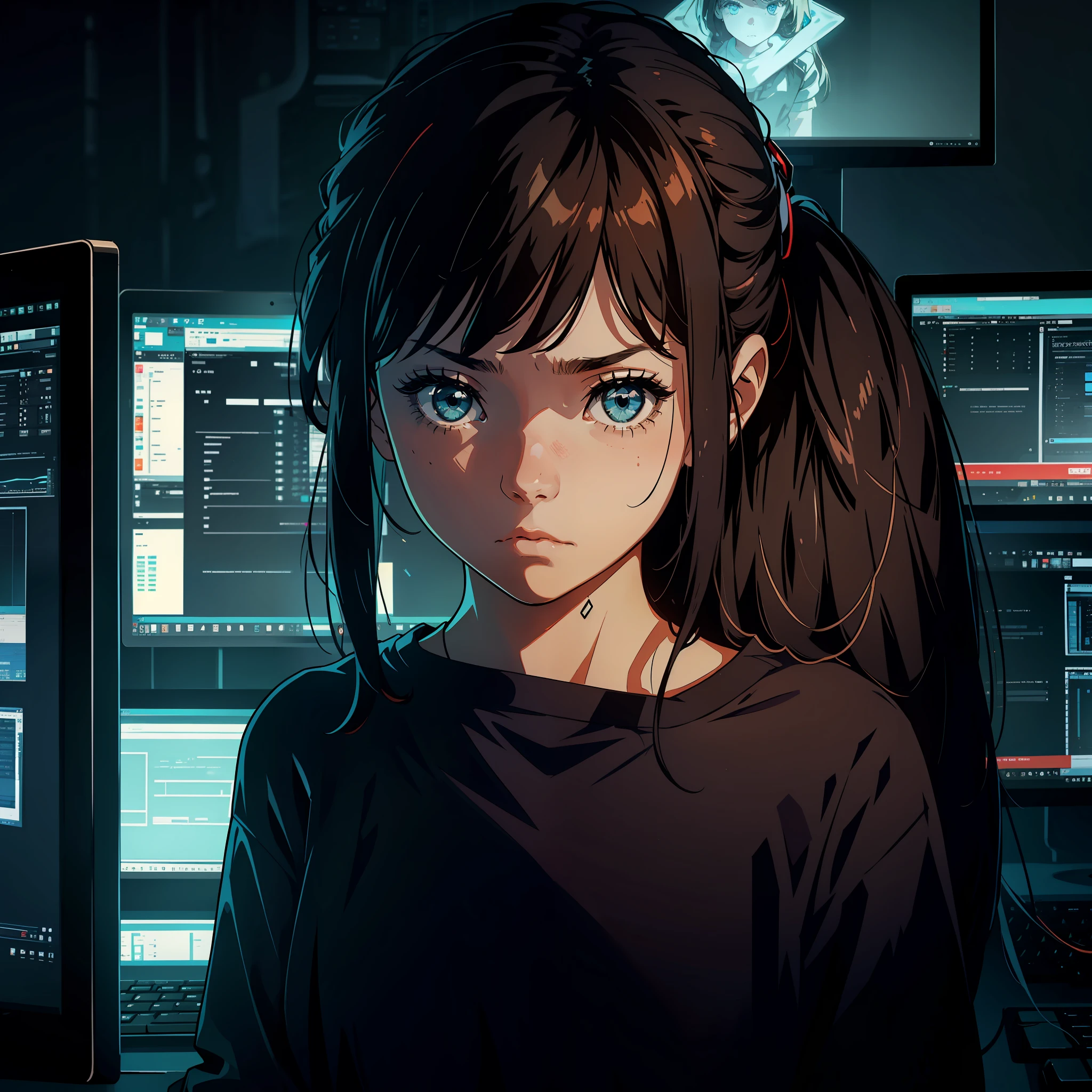 A girl in front of a computer screen, looking sad and sad