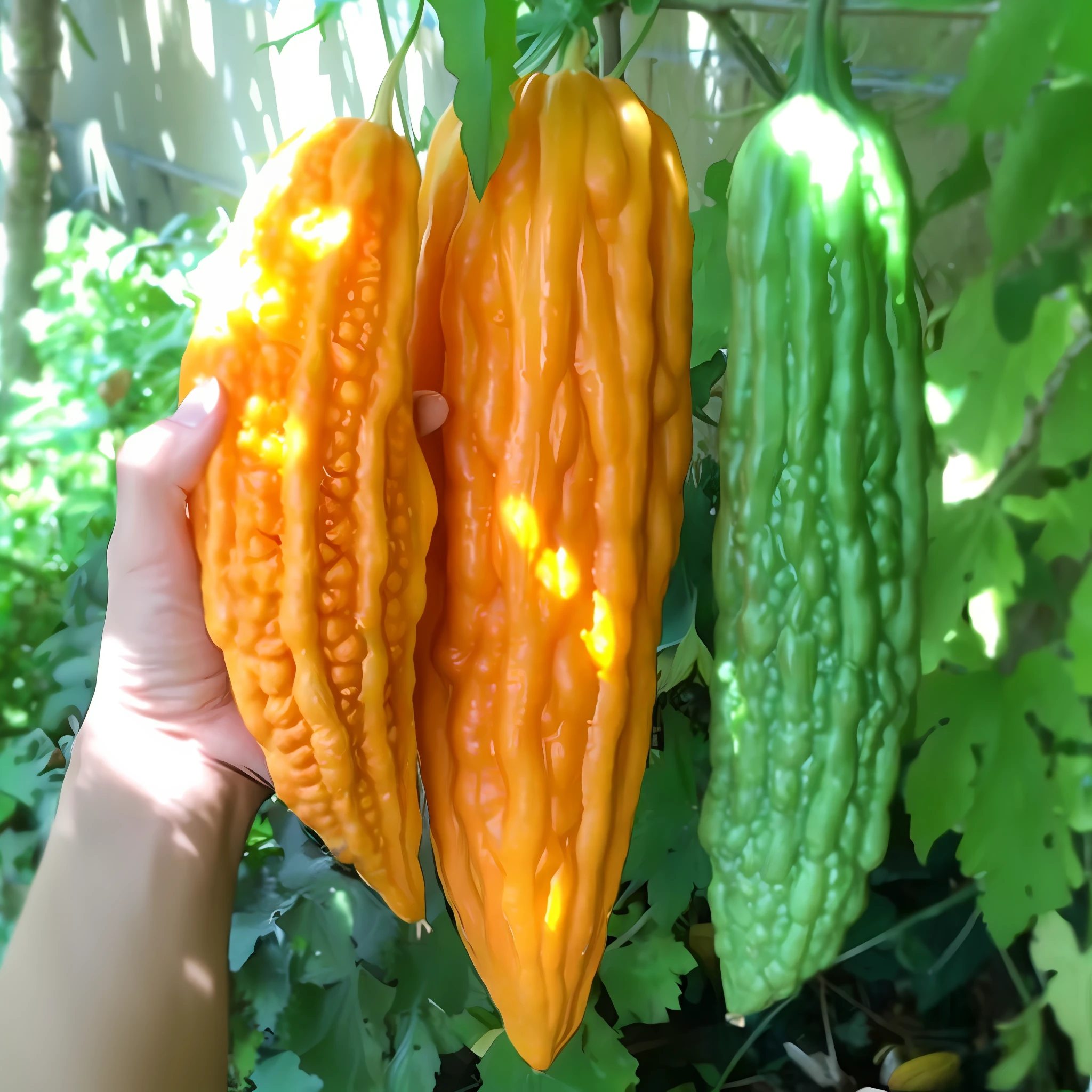 someone holding a yellow and green vegetable in their hand, big pods, bhut jolokia, she is a gourd, surreal alien ribbed white fruit, gourds, gourd, huge flame fantasy plant, large cornicione, often described as flame-like, an alien fruit, by Kathleen Scott, abundant fruition seeds, orange fluffy belly