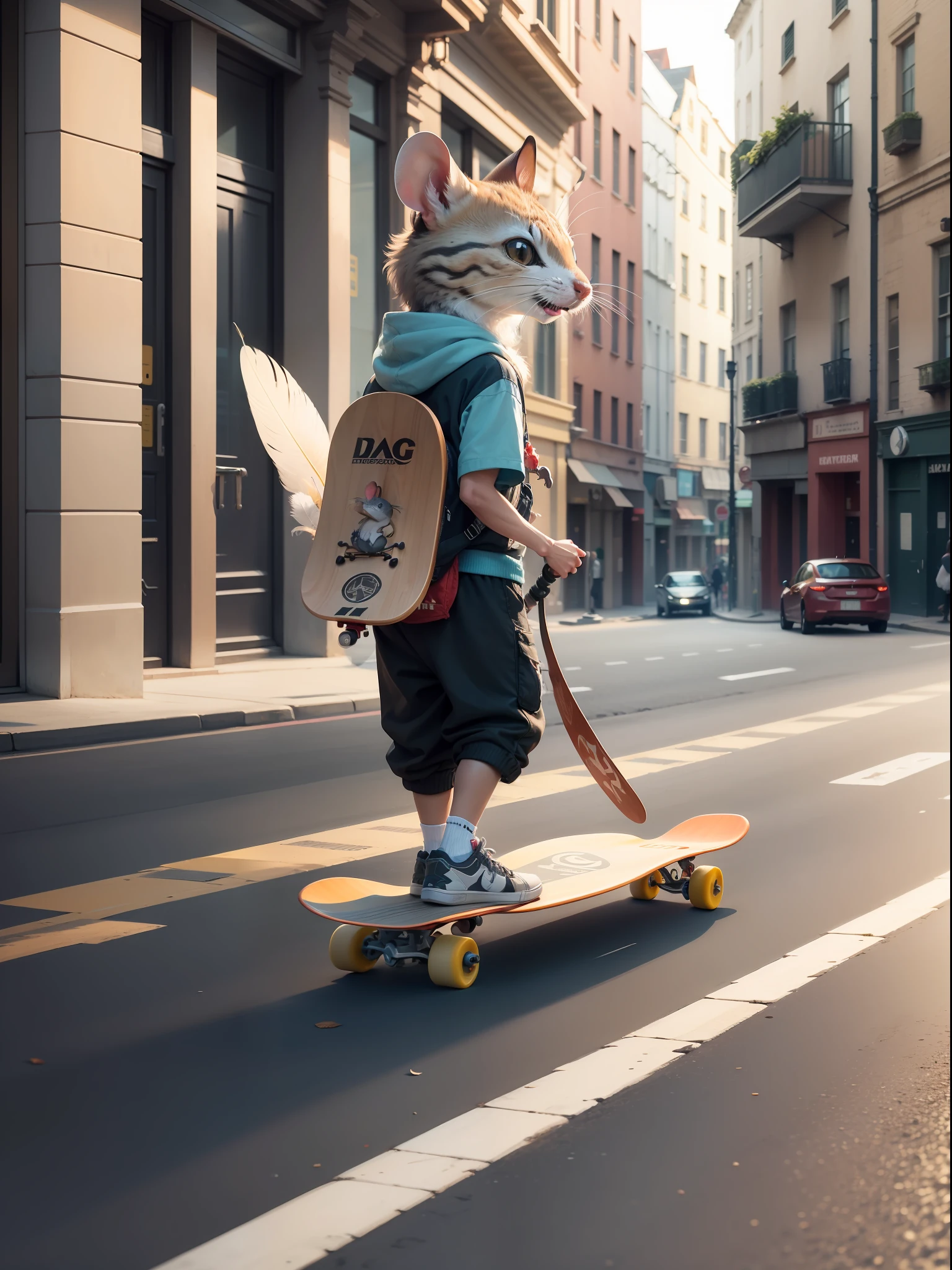 (detailed description) (best quality) of a little mouse riding a skateboard, standing with both feathers on the skateboard and him on the street running away from the cats and dodging the cars on the street