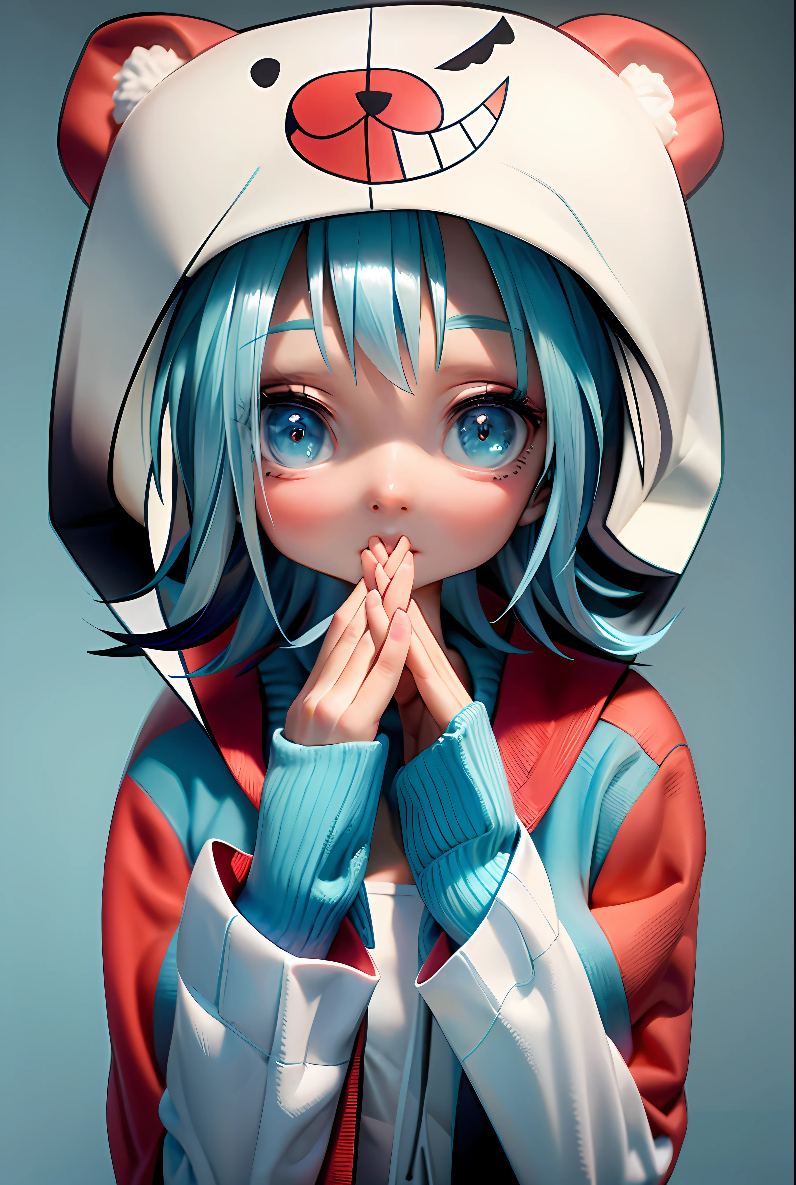 Masterpiece, best quality, official art, 8k wallpaper, very detailed, illustration, 1 girl, sky blue hair, hooded sweatshirt, bear motif on hat
