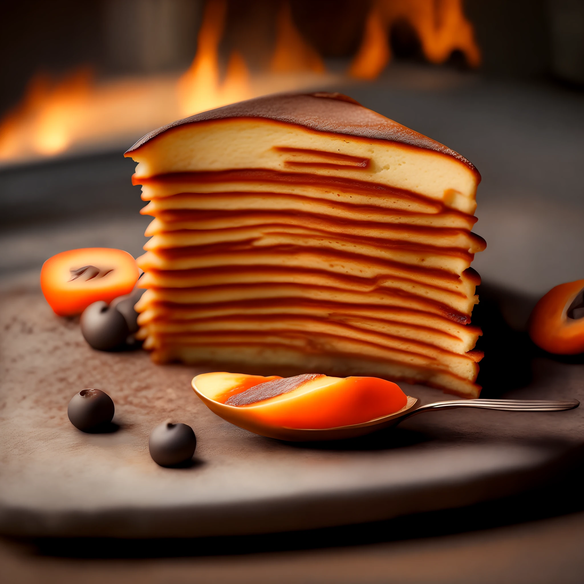 macro photo of a slice of delicious pan cake in front of a stone oven, fire oven, light it fire, food photography, close up, advertising photography, soft light, extremely detailed, beautiful, artistic, hyperrealistic, octane render, cinematic light, dramatic lights, masterpiace, light brazen, 3d