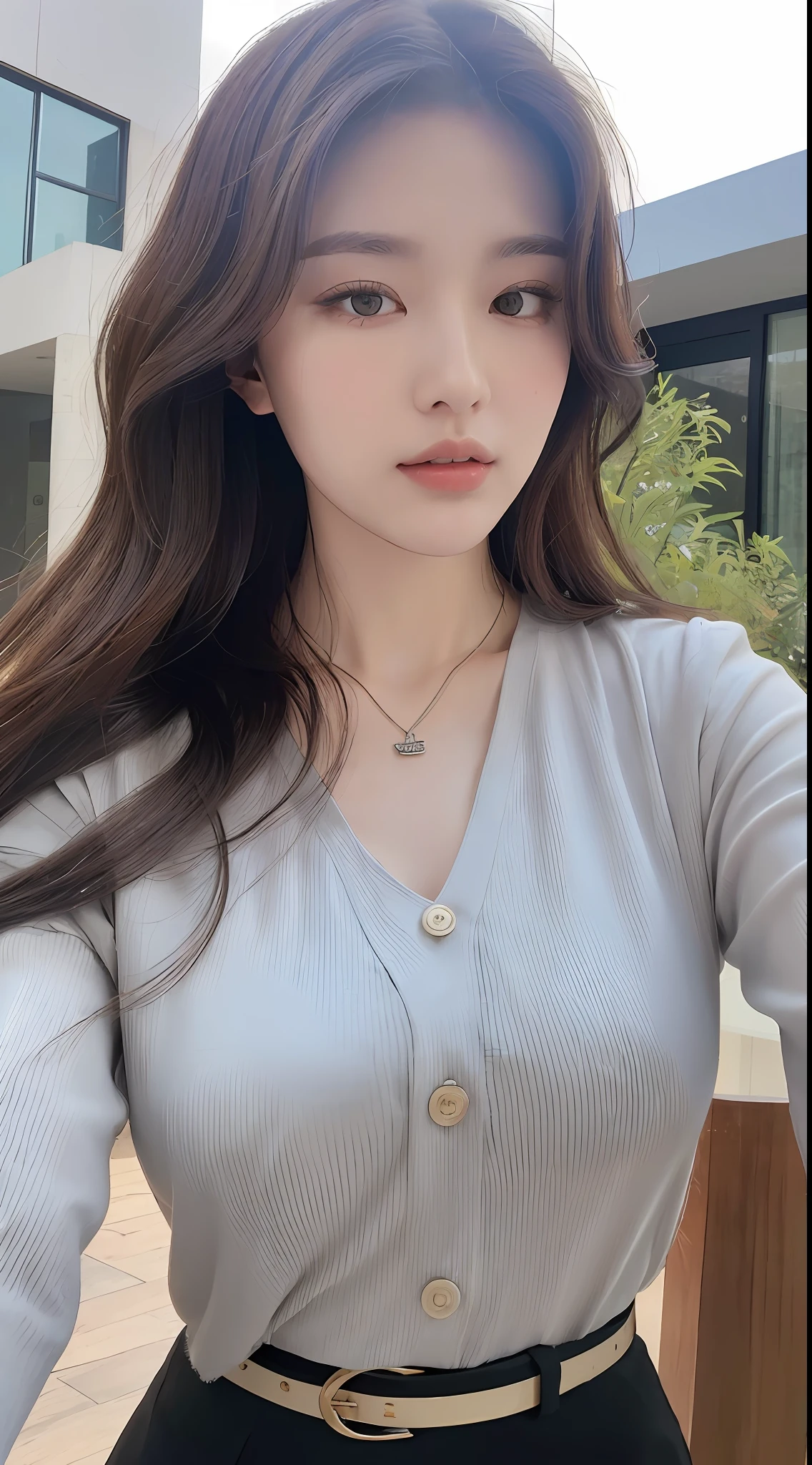 (Best quality, High resolution, Masterpiece :1.3), A tall and pretty woman, Slender abs, Dark brown hair styled in loose waves, Breasts, Wearing pendant, White button up shirt, Belt, Black skirt, (Modern architecture in background), Details exquisitely rendered in the face and skin texture, Detailed eyes, Double eyelid