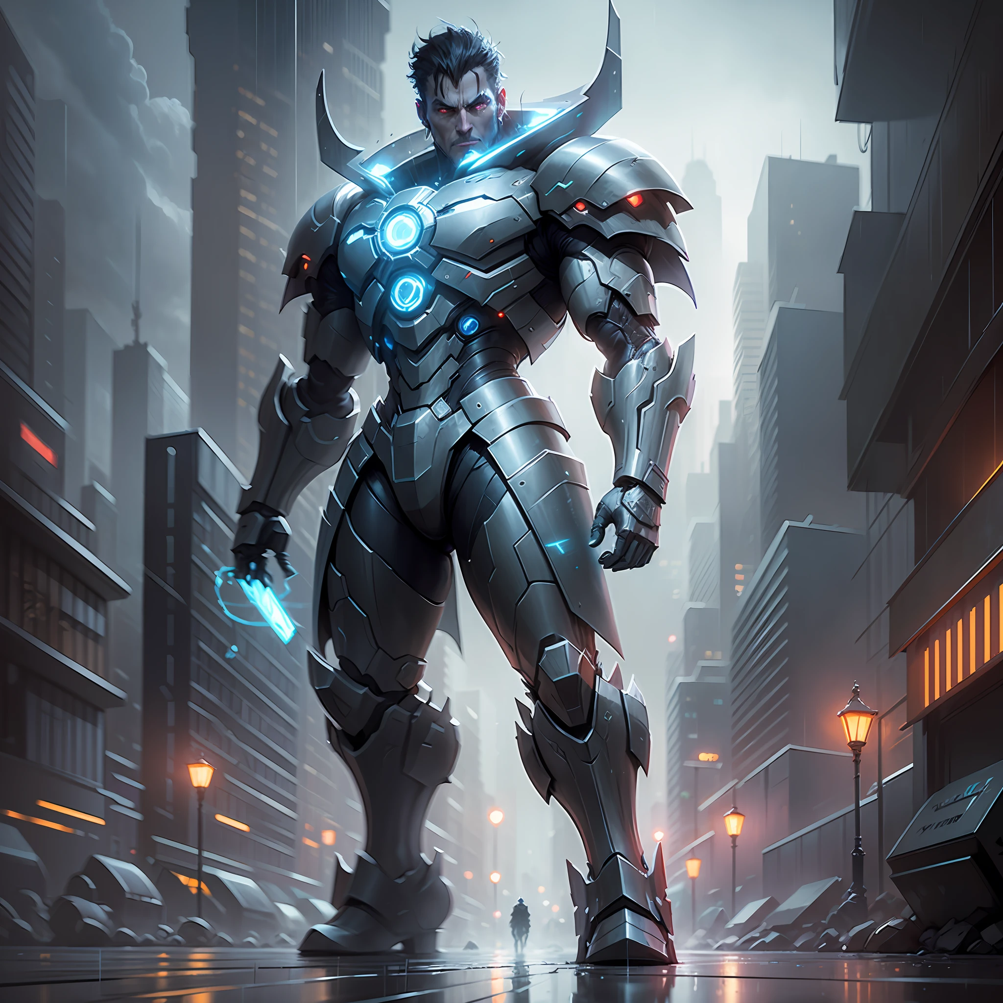 concept art,matte painting,in the rainy streets of a cyberpunk city at night,domination of a tall dark robot wind sorcerer with glowing eyes and a cape,Artstation,Greg Rutkowski --auto --s2