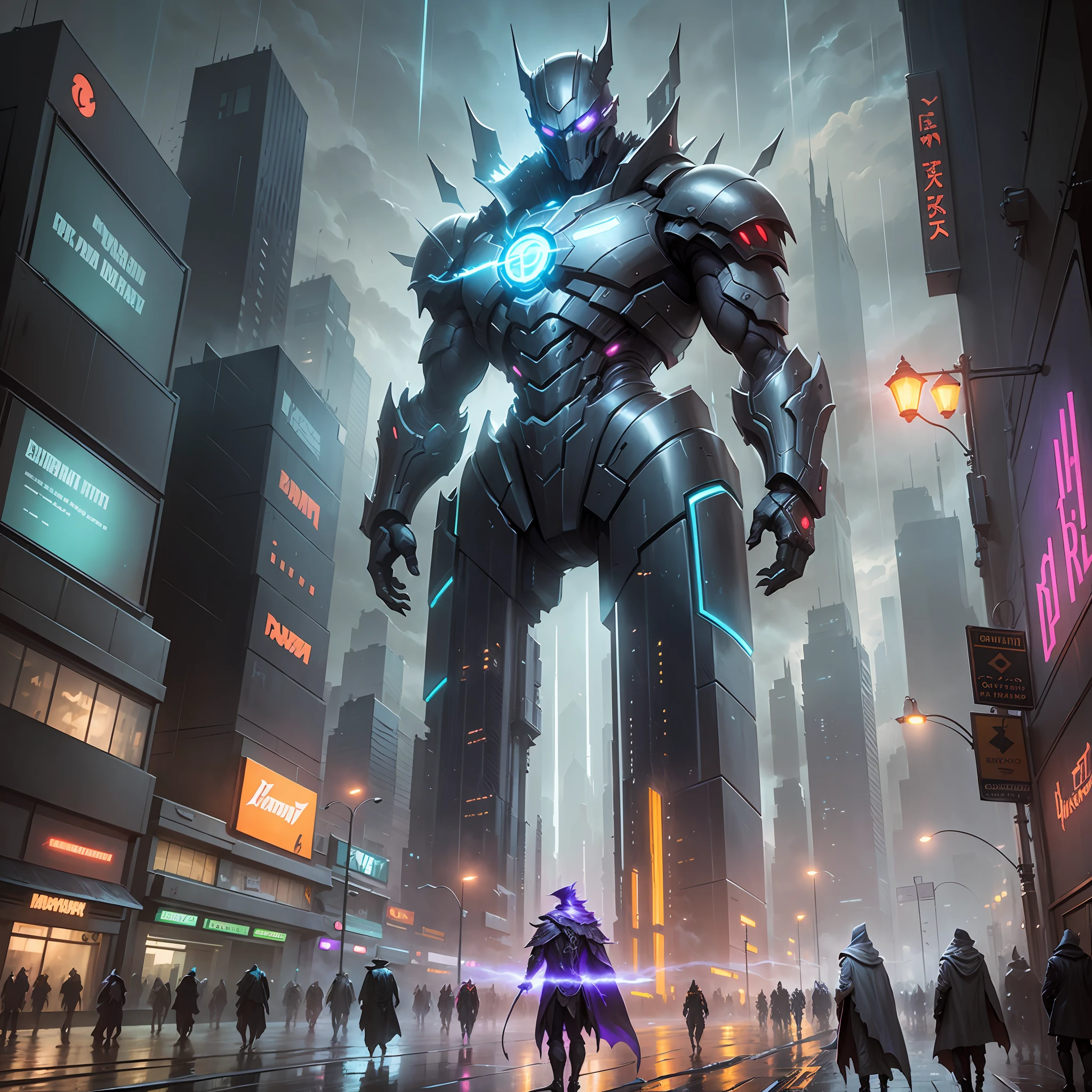 concept art,matte painting,in the rainy streets of a cyberpunk city at night,domination of a tall dark robot wind sorcerer with glowing eyes and a cape,Artstation,Greg Rutkowski --auto --s2