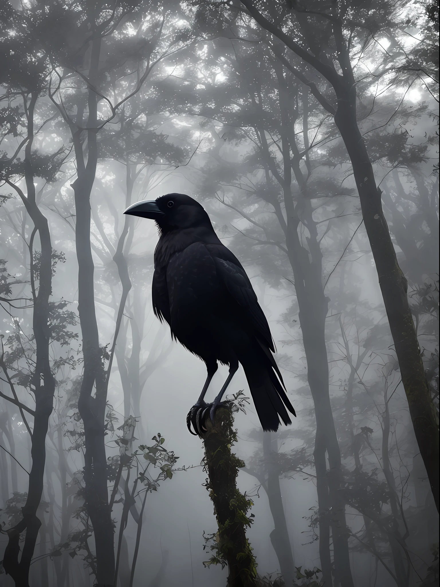 a crow bird, in a forest at night, burned, photo realistic, details, ultra realistic lighting, ultra realistic light and shadow, smoke, fog, heavy weather, night lighting