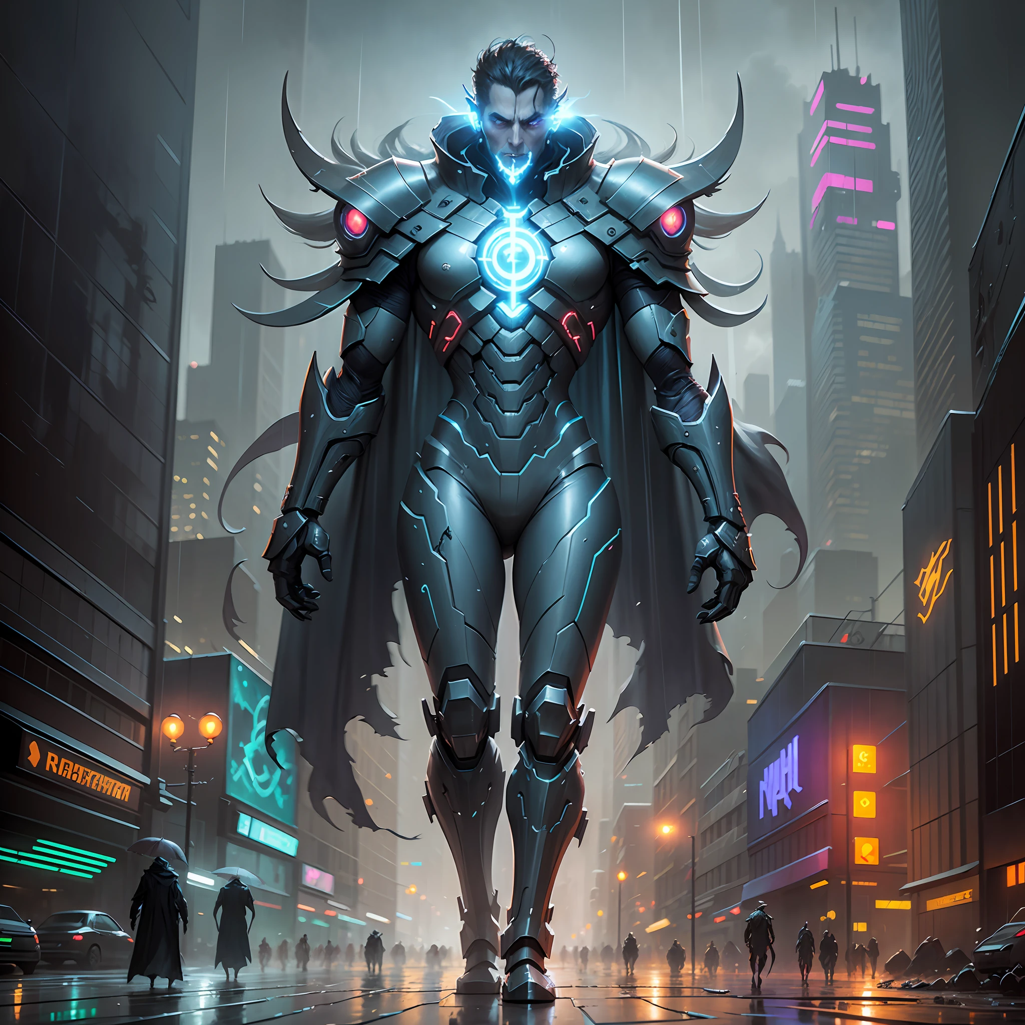 concept art,matte painting,in the rainy streets of a cyberpunk city at night,domination of a tall dark robot wind sorcerer with glowing eyes and a cape,Artstation,Greg Rutkowski --auto --s2