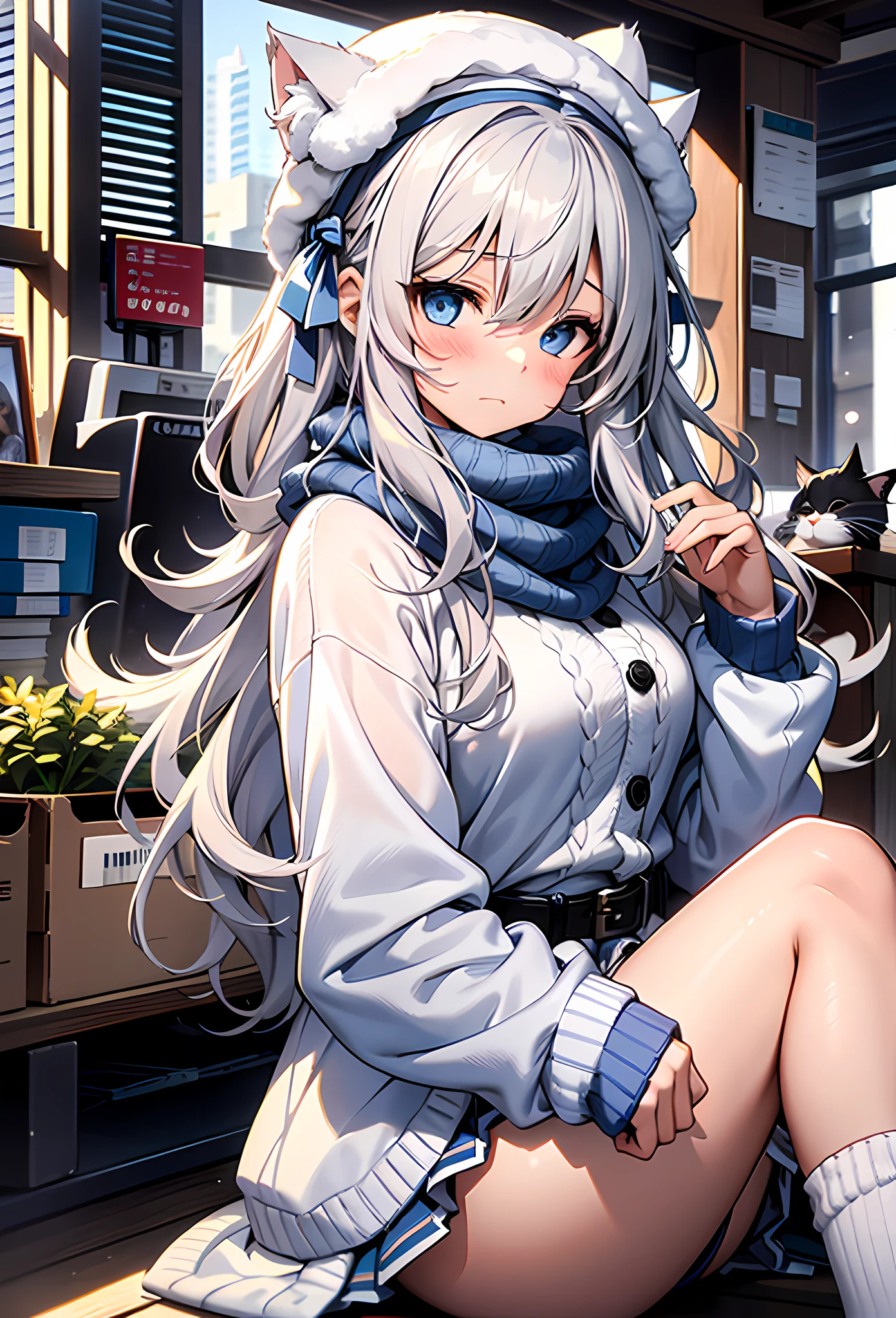 1girl, perfect face, white silver long hair, curly hair(light), cat ears, perfect cat ears, blue eyes, blushing, blank expression, white beret, checkered white and blue scarf, winter knitted fleece shirt, white skirt, knee length loose white socks, black sandals
