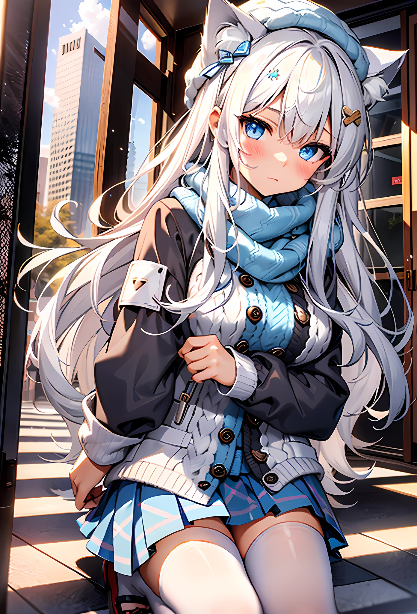 1girl, perfect face, white silver long hair, curly hair(light), cat ears, perfect cat ears, blue eyes, blushing, blank expression, white beret, checkered white and blue scarf, winter knitted fleece shirt, white skirt, knee length loose white socks, black sandals