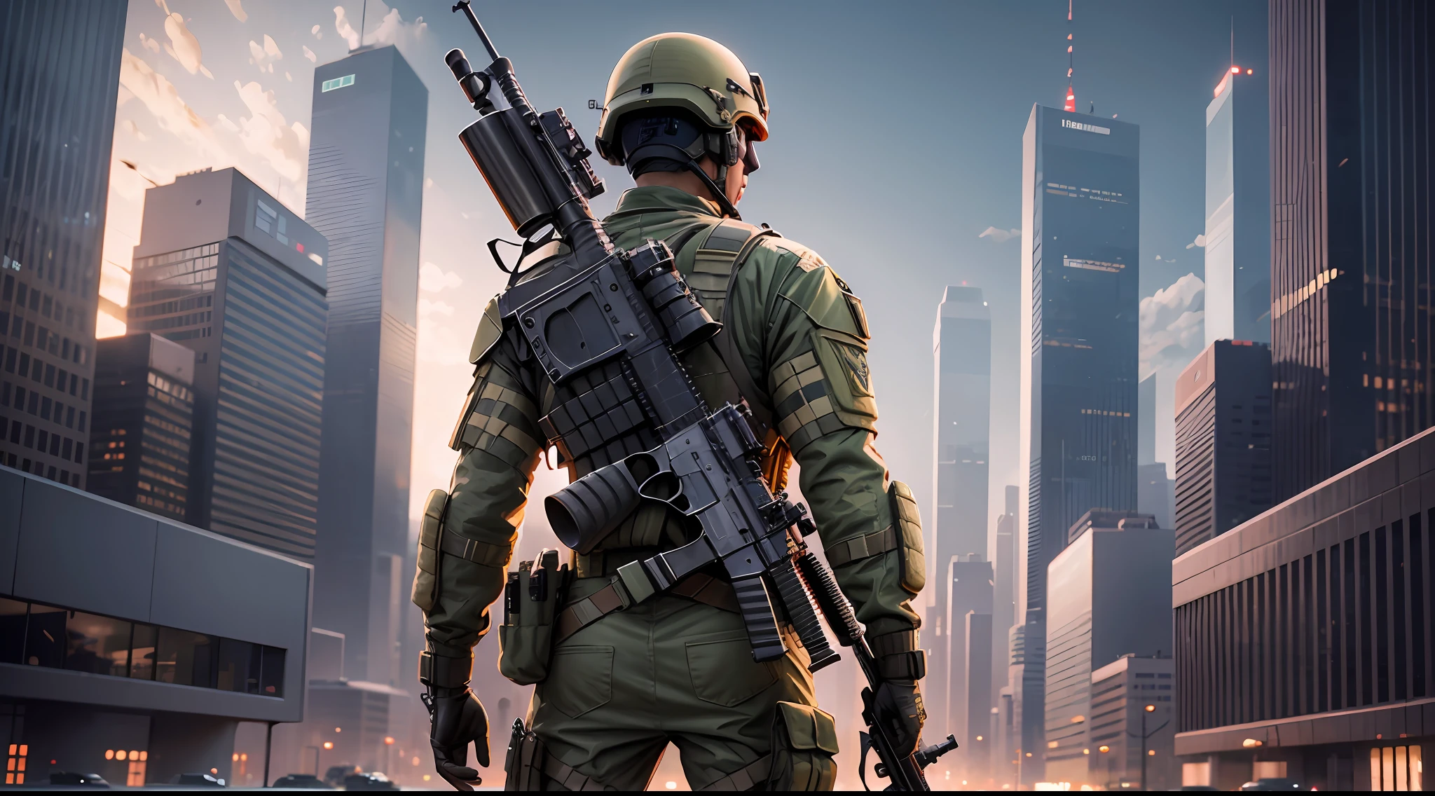 futuristic soldier (realistic, detailed) with an m16 rifle (detailed), futuristic city, night, tall buildings, 4k ultra HD realistic illustration --auto --s2