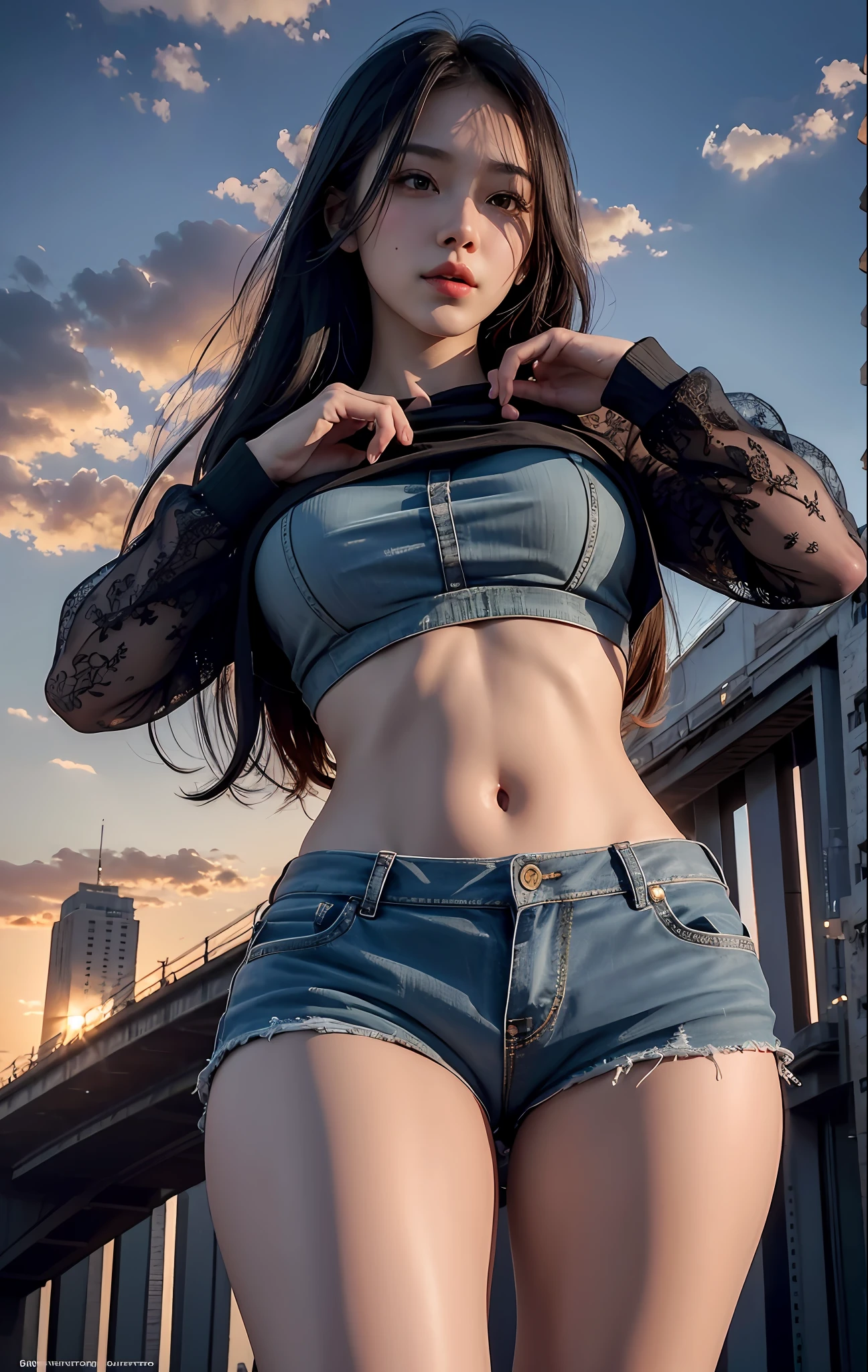 @YPING022 best quality, masterpiece, real photos, intricate details, super detailed, detailed face, detailed skin, 8k, movie lighting, landscape, cityscape, sky, clouds, outdoor, architecture, sunset, city lights, bridges, rivers, trees, clothes flesh transparent maiden, crop top, (((from below))), hands raised