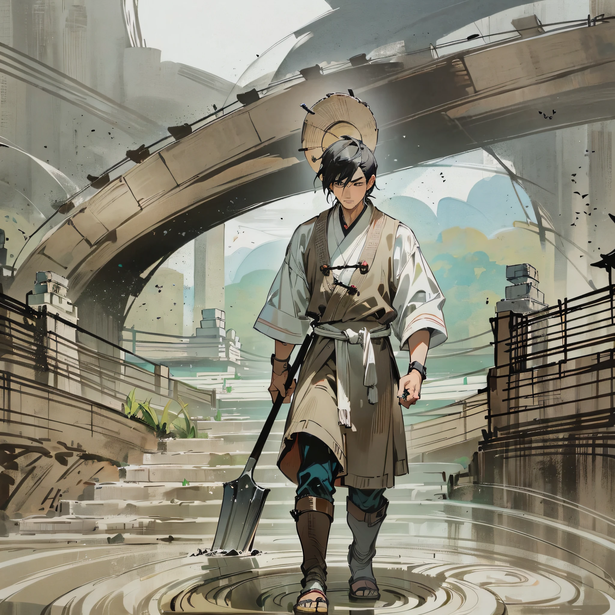 (Immortal level, high quality) Lifelike ancient world, under the dark painting style, a black-haired Asian man with a shovel digs a hole next to a huge ancient Chinese bridge, filled with white mist. "