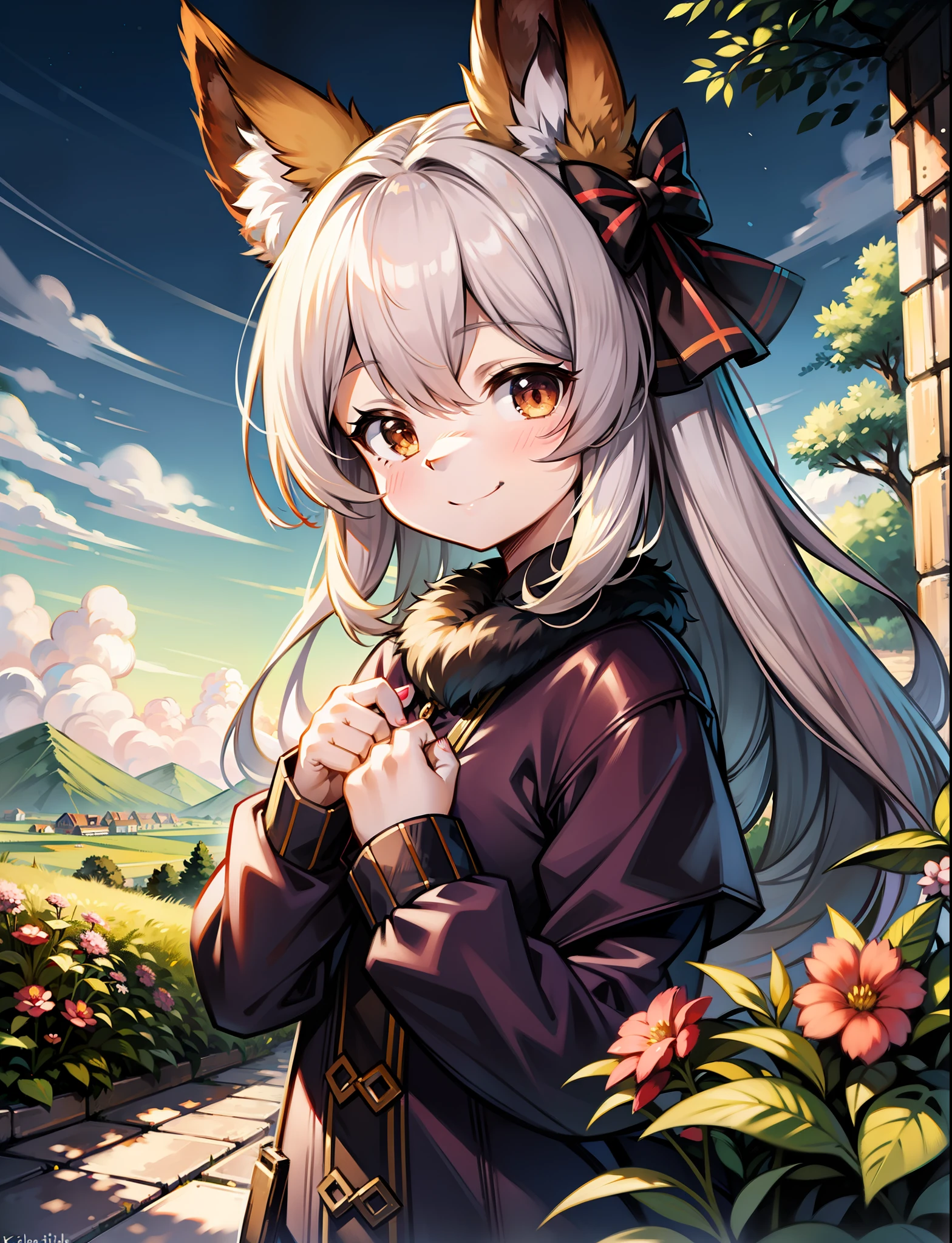 by kenket, by totesfleisch8, (by thebigslick, by silverfox5213:0.8), (by syuro:0.2), pokekid, eevee, fluffy girl, furry girl, female, smile, smiling, has a big pretty bow in her hair, has animal paws for hands, 1girl, best quality, outdoors, high definition, cute,