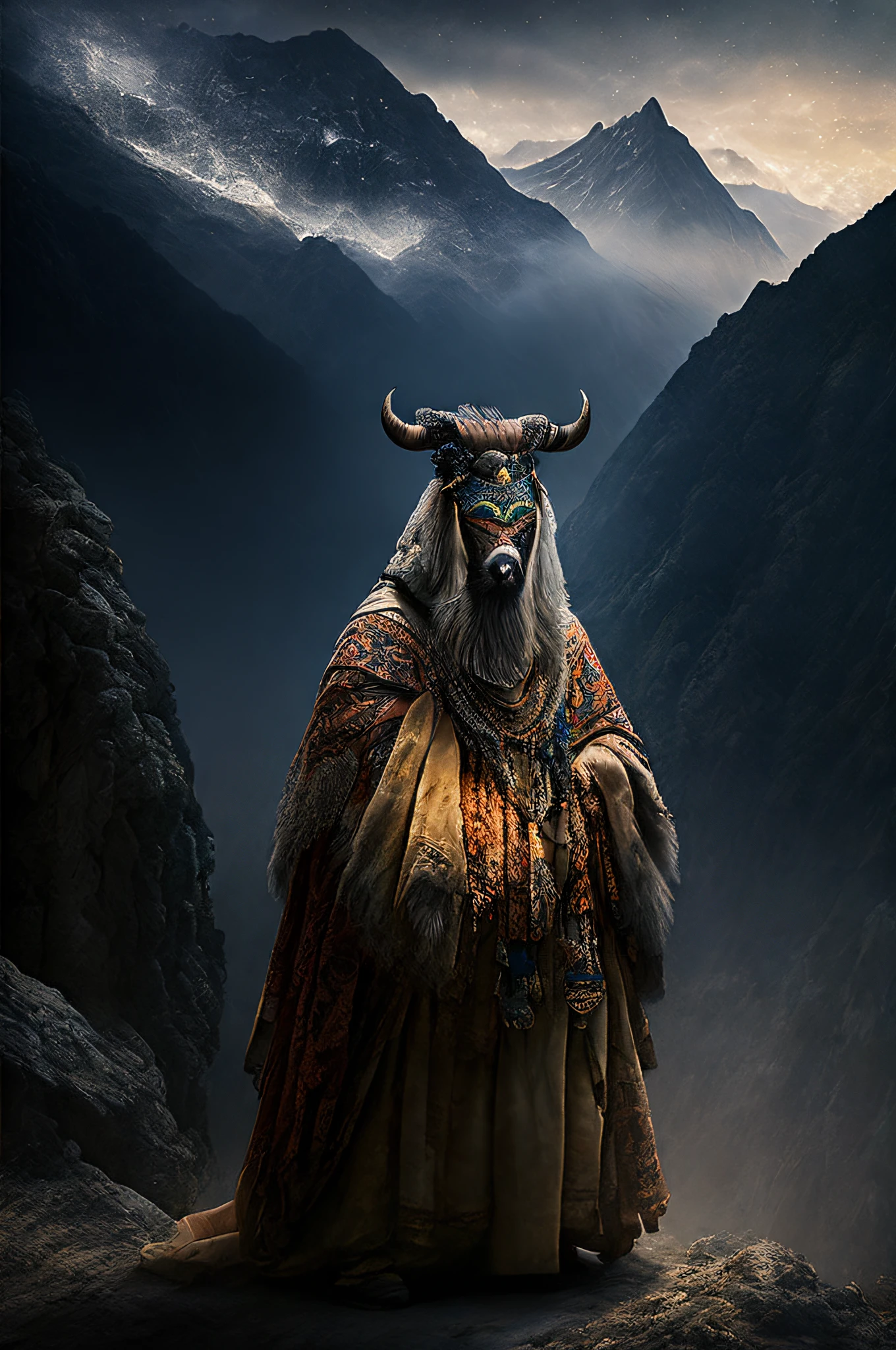 The scene is open, ancient sacrificial pictures, smoky and engulfing, animals in human clothes are playing Zen and asking, (detailed clothing details, detailed clothing light sense), faint and faint, detailed animal hair glowing sense, cumbersome and complex picture feeling, (full of weird and mysterious pictures), the background is hazy open and weird mountains, complex mountains, photorealistic, 8k,