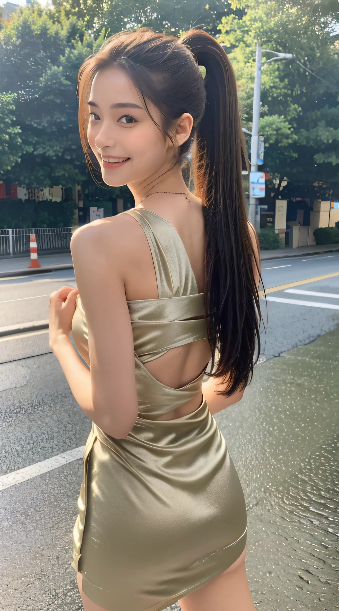 ((Best Quality, 8k, Masterpiece:1.3)), Focus: 1.2, Perfect Body Beauty: 1.4, Buttocks: 1.2, ((High Ponytail, Collarbone: 1.2)), (Short Skirt: 1.1) , (Rain, Street:1.3), Highly detailed face and skin texture, Fine eyes, Double eyelids, Whitened skin, Long hair, (Shut up: 1.3), Smile, Long legs, Full body, Best proportions of four fingers and one thumb, Smiley face, Face texture: 1.3, Sunshine, Summer, collarbone, beautiful eyes, real face, real skin, realistic face, realistic skin, detailed eyes, detailed facial features, detailed clothing features, detailed face, chest contour, tight fit, POS random, upper body silk wrap: 1.4