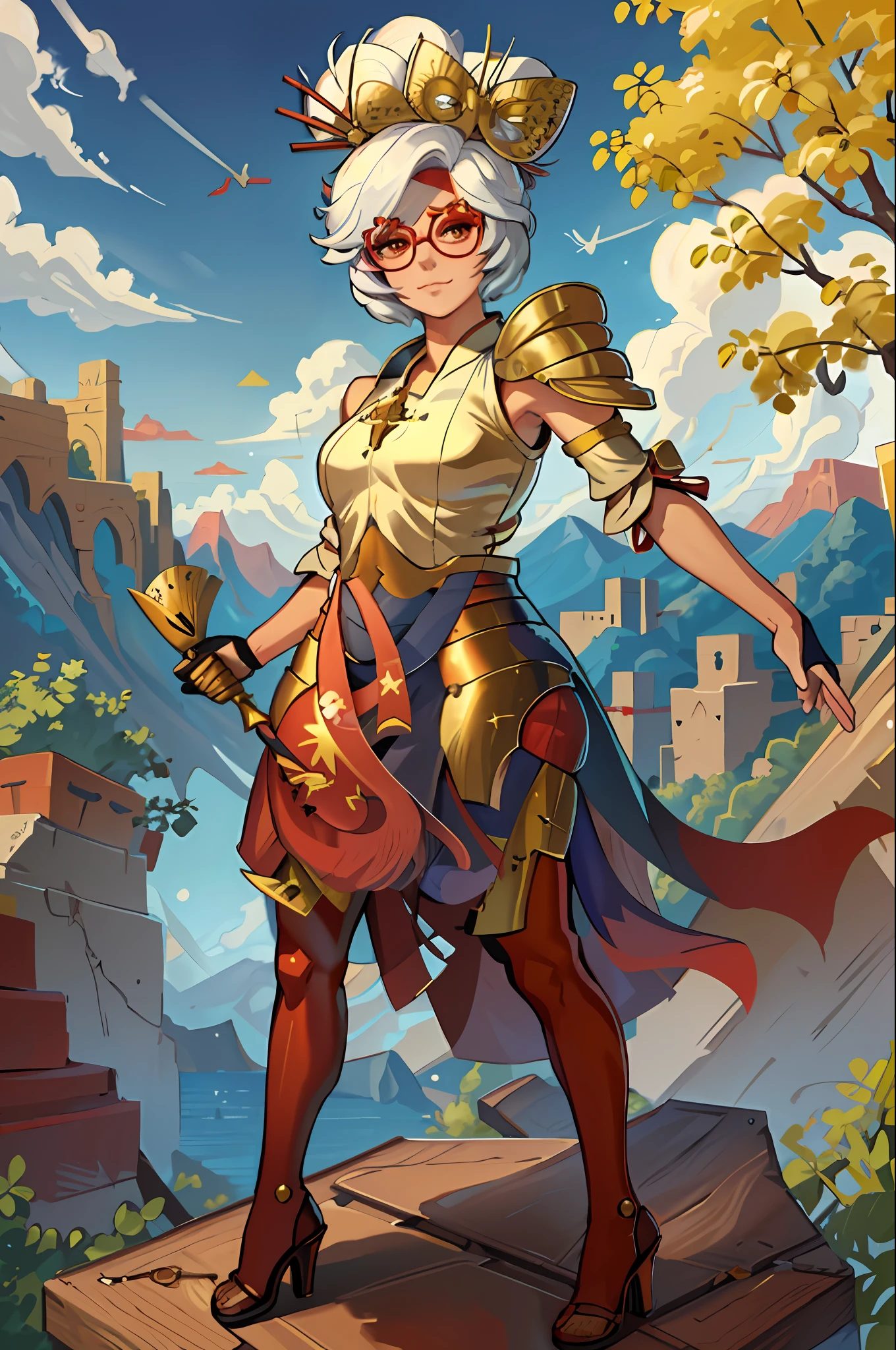 masterpiece, realistic, best quality, purah, red glasses, hair ornament, sleeveless shirt, black skirt, orange leggings, high heels, looking at viewer, smirk, tree, sky, clouds, thick thighs, wearing gold armor, gold gauntlet, holding katana, gold arm armor, shoulder armor, pauldrons,