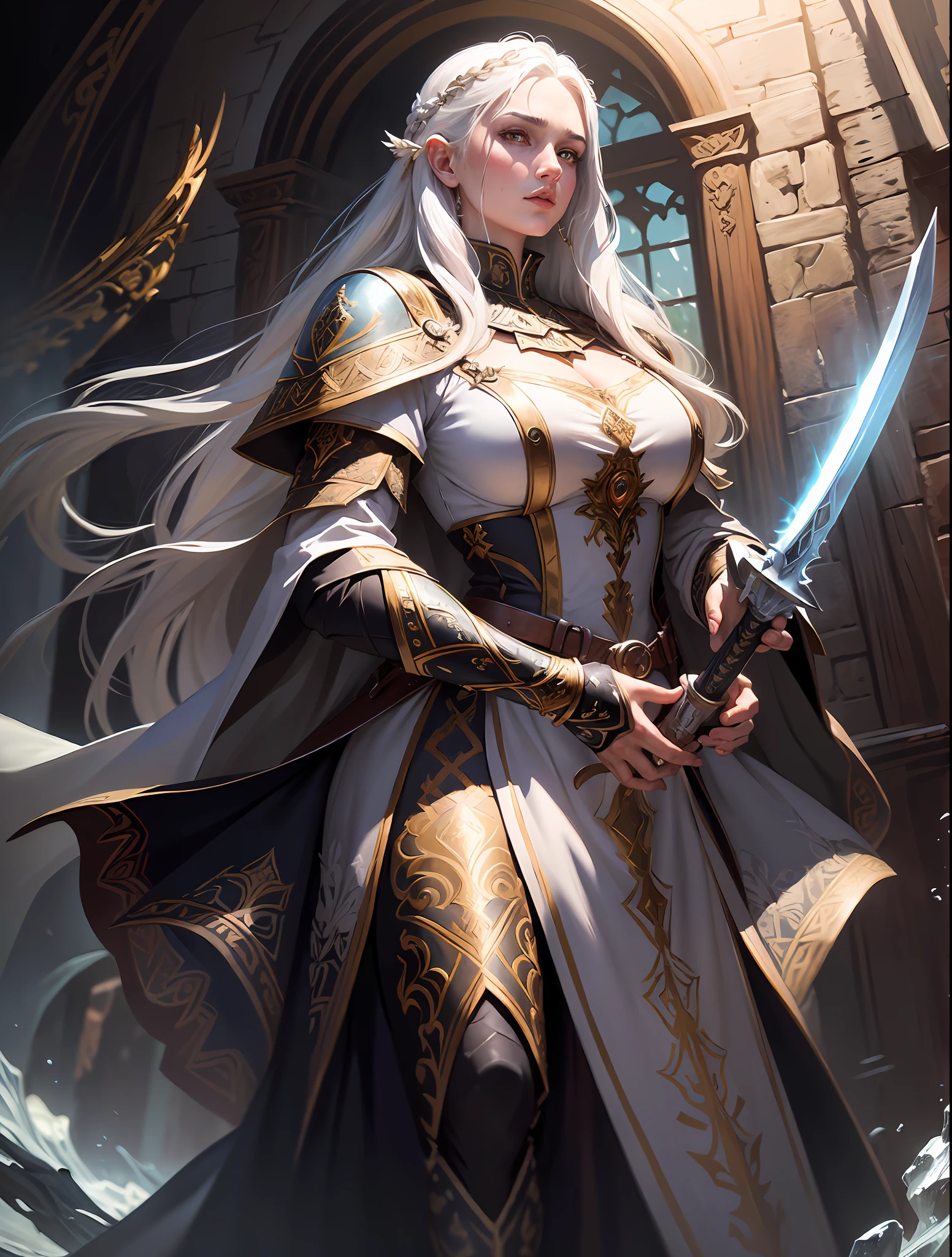 (illustration highres:1.1), (medieval RPG, majestic imperial looking Female (portrait pose:1.1), Character portrait, realistic detailed water eyes, symmetrical face detail:1.2), (ambient light, beautiful majestic open fields detailed at dawn:1.1), (white hair:1.3), (young skin:1.2), (human:1.1), (solo,1girl:1.2), (detailed war armor:1.1), (intricate warrior ornate robe, white cape, holding a sword :1.1), (knight's robes:1.1), (very chaotic:1.2), unit asset store, (fantasy portraits, rpg portraits), (professional majestic oil painting by Anna Pavleeva, by Valeriy Vegera, volumetric lighting:1.3), Intricate, High Detail, pantyhose, dramatic, roses, ((sense of scale)),