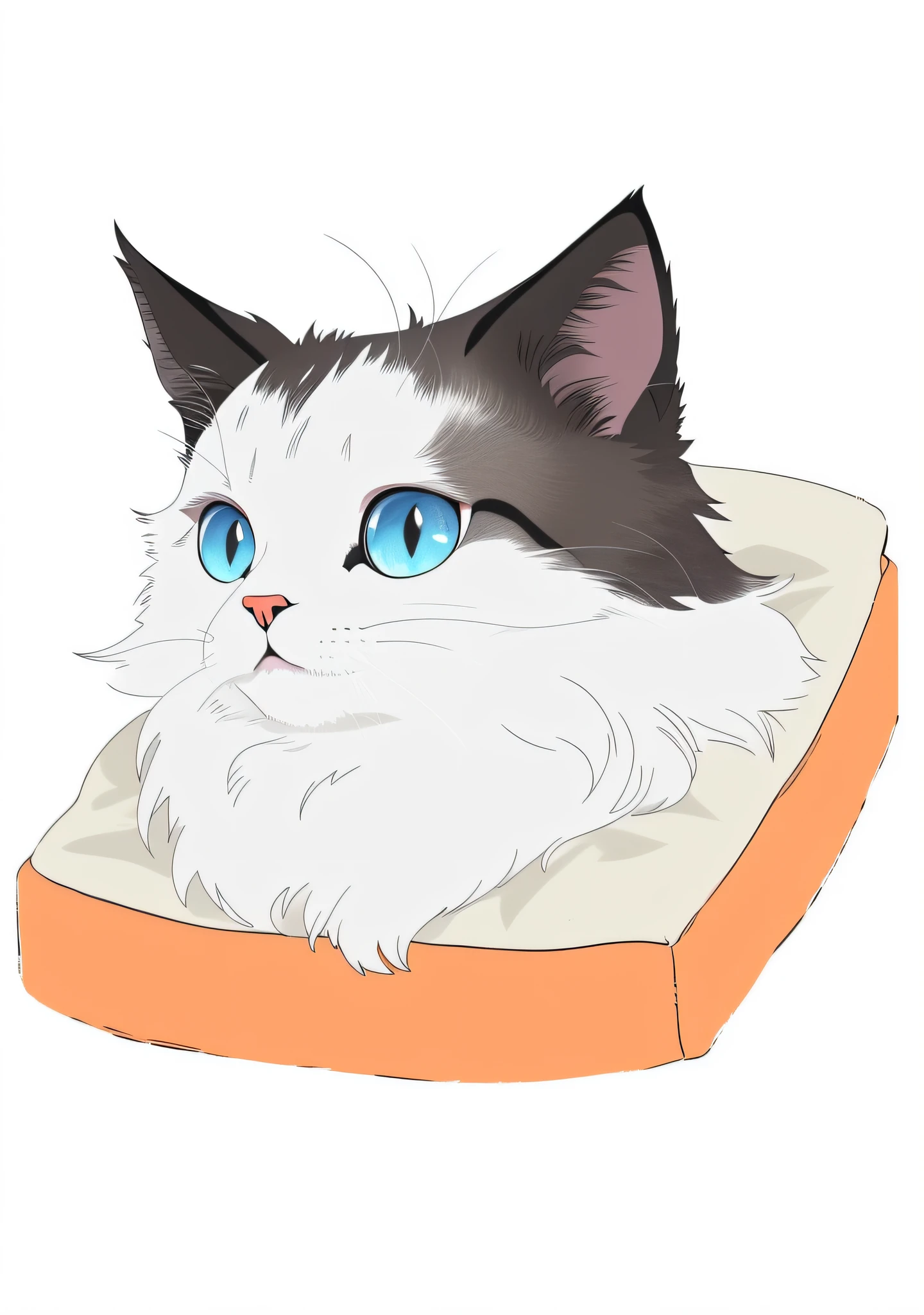 there is a drawing of a cat laying on a pillow, realistic anime cat, anime cat, a cute cat, sora as a cat, illustration of a cat, anime visual of a cute cat, soft anime illustration, cute cat, kitten sandwish, fluffy cat, the cat is fluffy, cat portrait, cat. digital painting, with blue fur and blue eyes