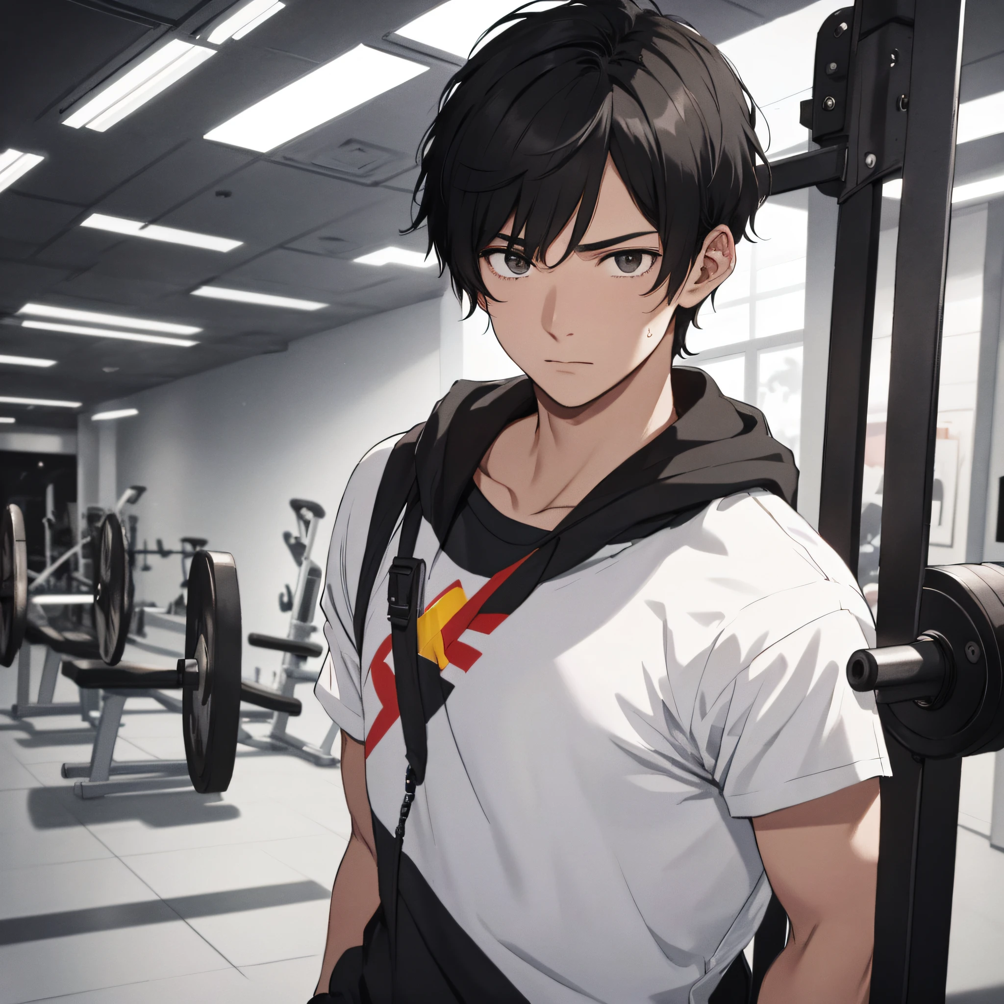 A young man with short black hair in white about twenty years old working out in the gym, (expression tired 1.5) (sweat 1.3) (background is gym 1.5) great works: 1.3), (best quality: 1.1) (masterpieces: 1.3) with unparalleled masterpieces, surreal 8K, perfect artwork, super details, best quality, masterpieces 4K wallpaper aesthetics, masterpieces, award-winning artwork, official art, cinematic lighting