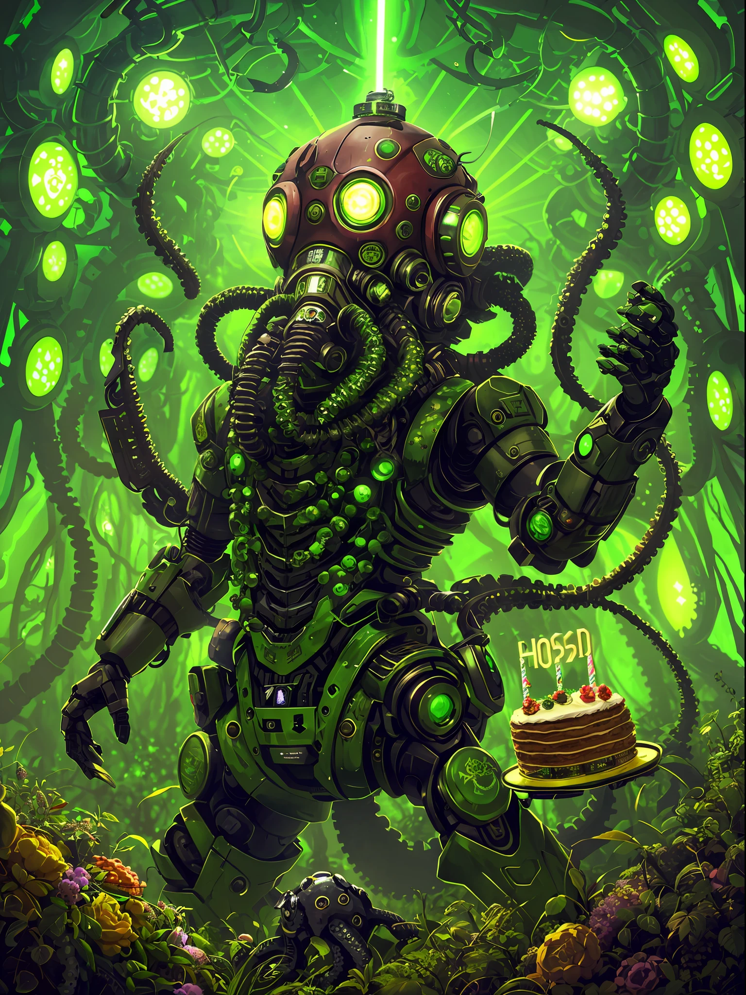 Robotic octopus, with a gas mask fused to his head, holding hops and birthday cake, hop forest, Amazing anatomy, (fantastic horror perfect art, 64k ultra hd: 1.1), (art by apterus, art by dan mumford, art by lovecraft: 1.2), best quality, 500px, cgsociety, nuclear fallout, dark, dark, green glow, hop forest