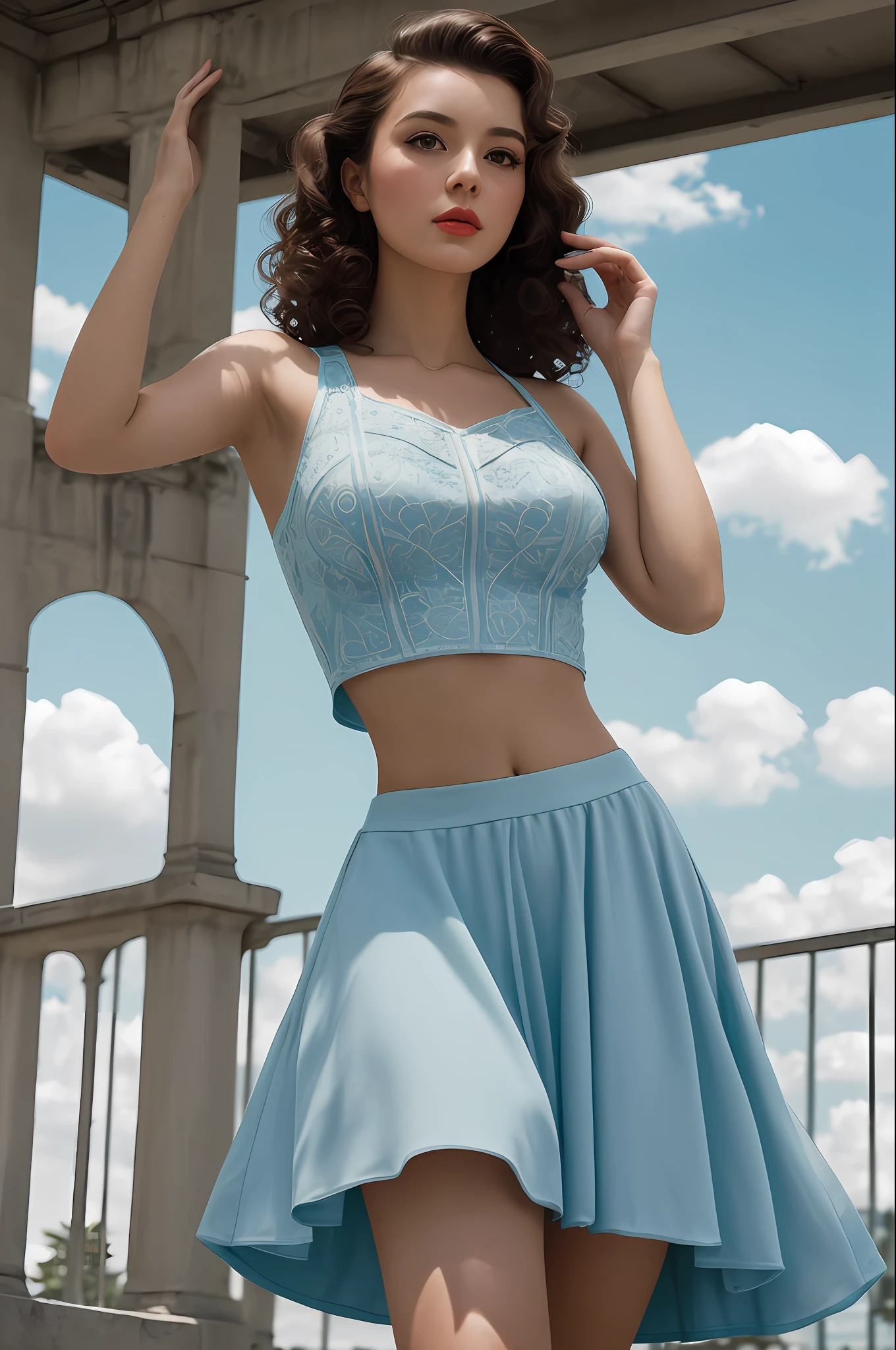 Filmg, 1girl wears a 1950s-style dress with a bikini, and her hair is in classic needle curls. Best quality, masterpiece, real photos, intricate details, super detailed, detailed face, detailed skin, 8k, movie lighting, landscape, cityscape, sky, clouds, outdoors, architecture, sunset, city lights, bridges, rivers, trees, clothes flesh transparent maiden, crop top, ((from below)), hands raised. The scene should have been shot on 35mm film, the depth of field is beautiful, the background is slightly blurry, nostalgic