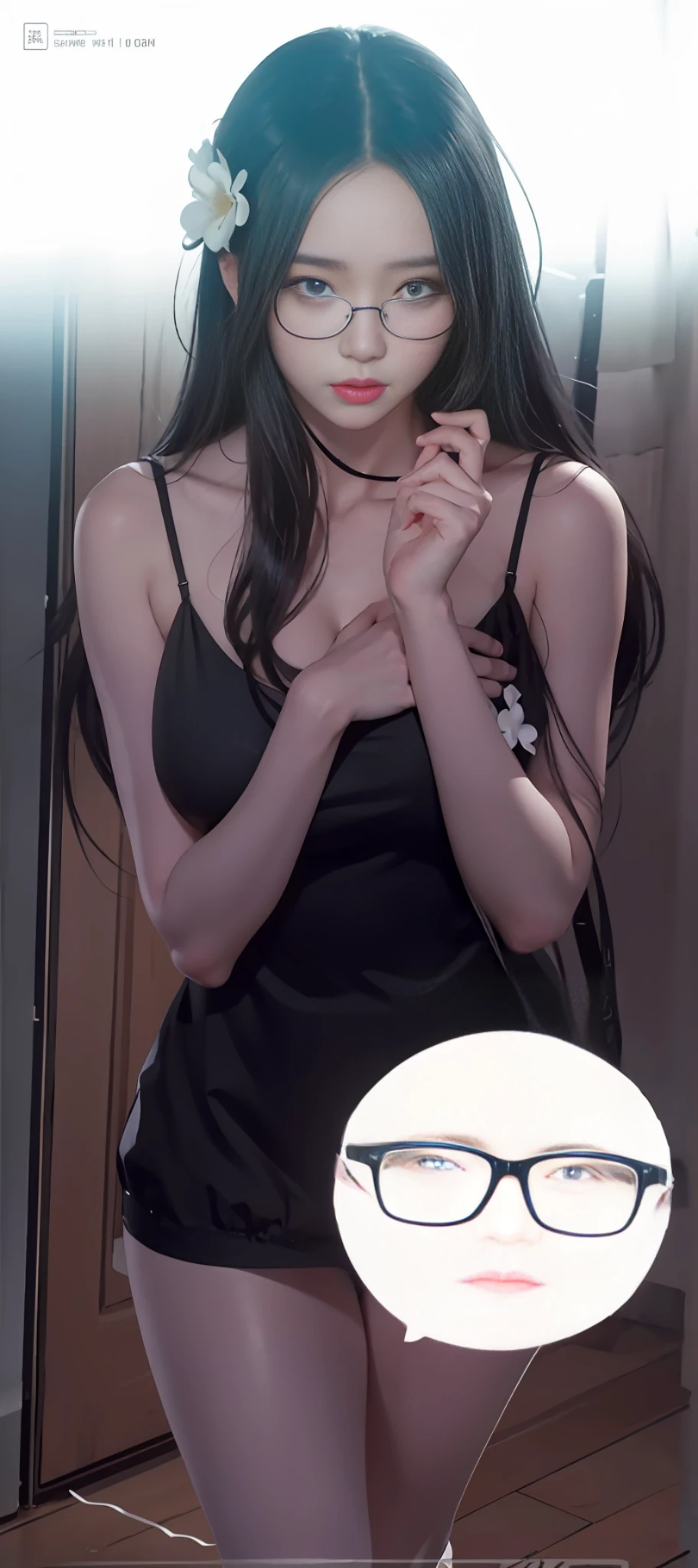 anime girl wit? glasses and a black dress with a white flower in her hair, anime girl wearing a black dress, guweiz, artwork in the style of guweiz, seductive anime girl, anime girl with long hair, from girls frontline, attractive anime girl, smooth anime cg art, she is wearing a black dress, style artgerm