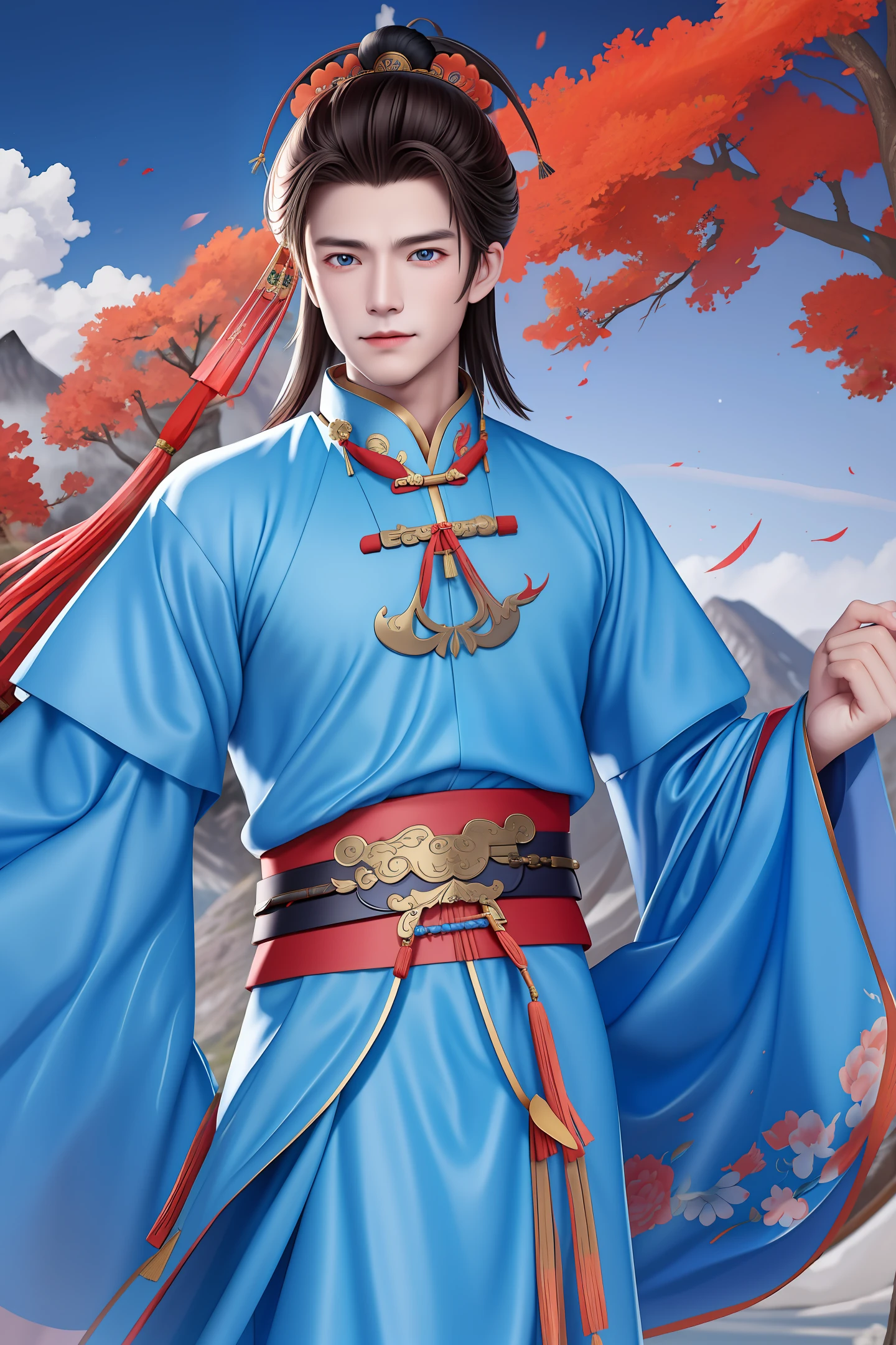 Handsome boy, ancient China dress, flying in sky, 8k, the misty mountain, held red sword, blue energy emanates from the body