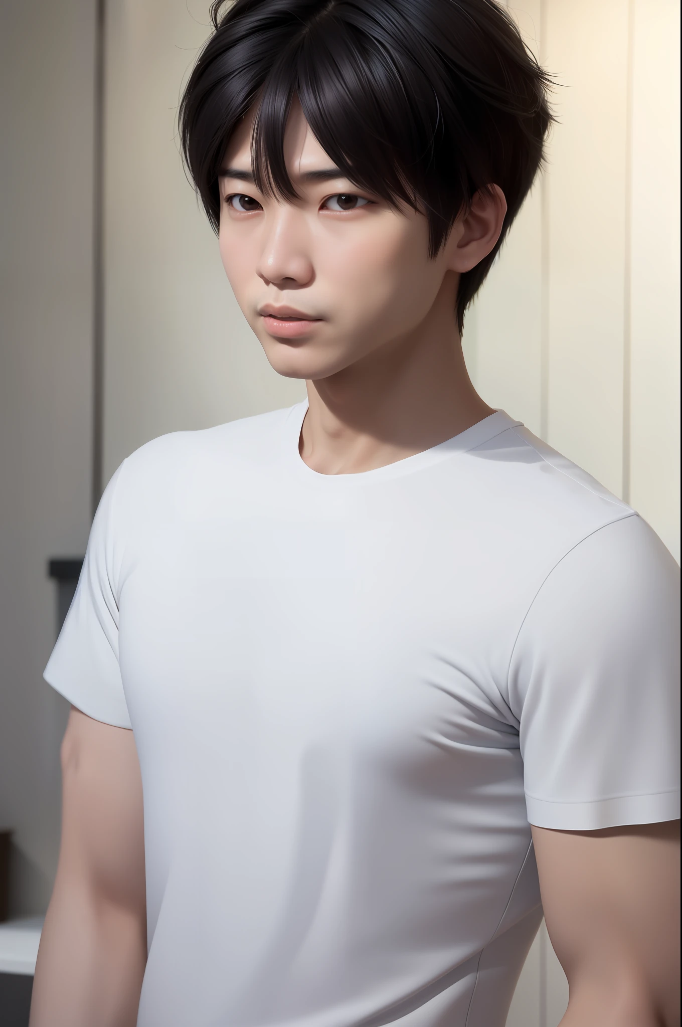 An Asian man wearing a short white T, Arafard image, detailed face of a 27 year old Asian man with messy hair, very detailed face, Korean male, highly detailed face, smooth 3D CG rendering, inspired by Russell Dongjun Lu, 8k portrait rendering, 8k highly detailed face, single realistic face, realistic skin tone, an embarrassed expression
